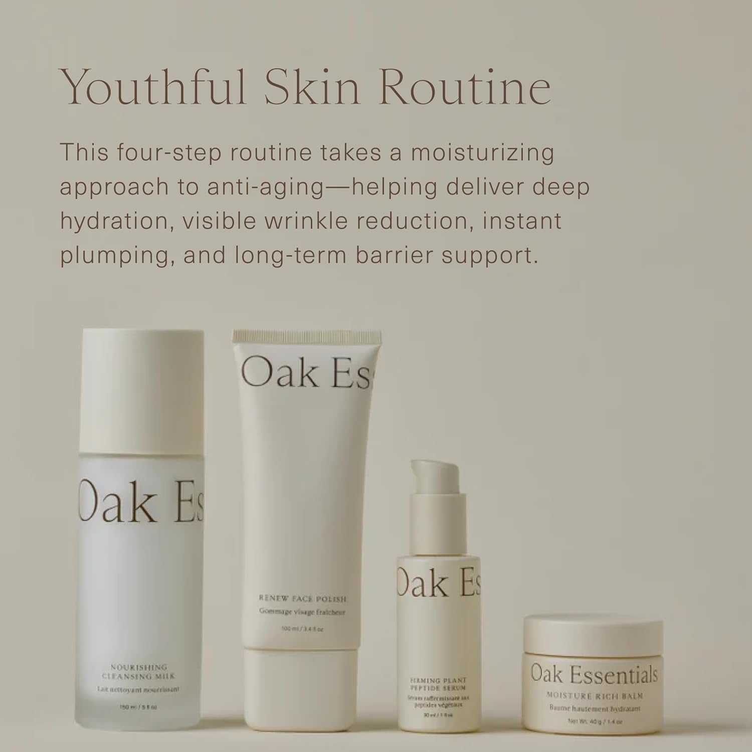 Youthful Skin Routine Set - 4 Step Anti Aging Skincare System with Peptide Serum, Gentle Cleanser, Face Polish, and Moisture Balm