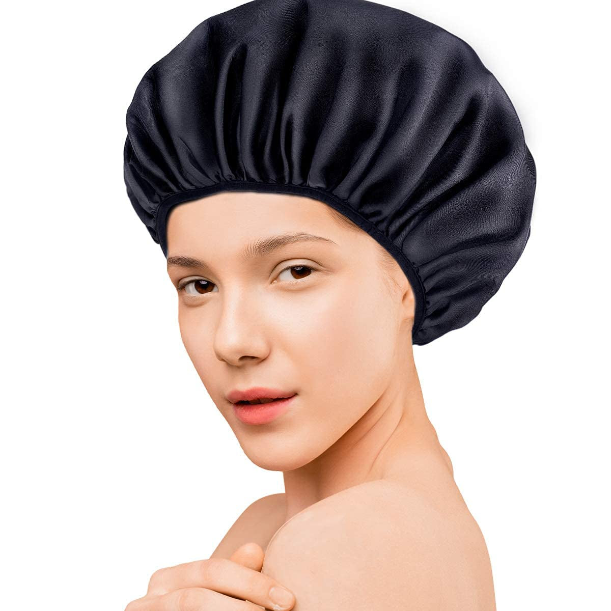 Shower Cap,Terry Lined Shower Cap for Women Reusable, Triple Layer Waterproof Bath Cap, Extra Large for Women Long Hair(Black)