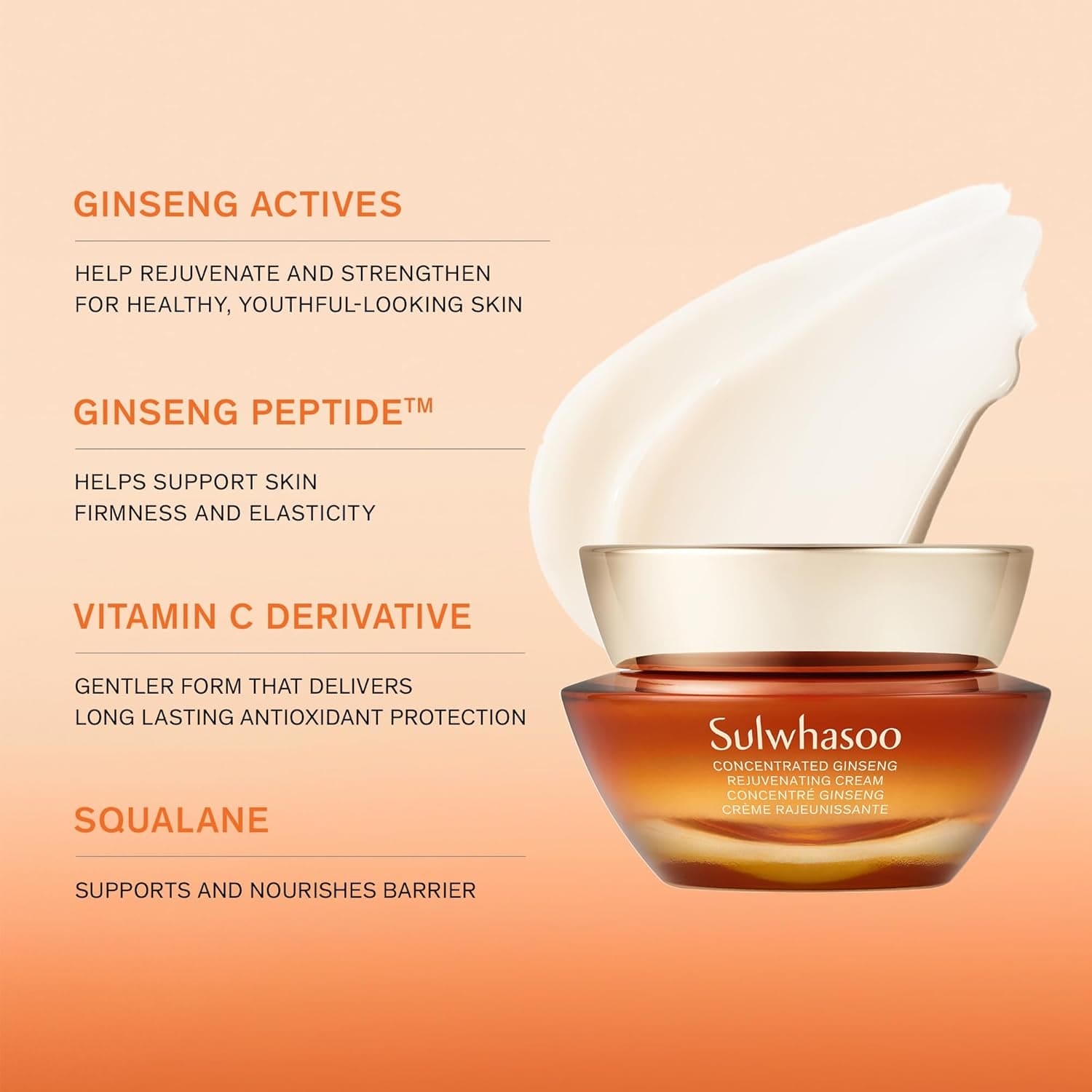 Concentrated Ginseng Rejuvenating Cream - Korean Ginseng & Peptide Anti-Aging Moisturizer with Vitamin C Derivative & Squalane for Wrinkles & Deep Hydration