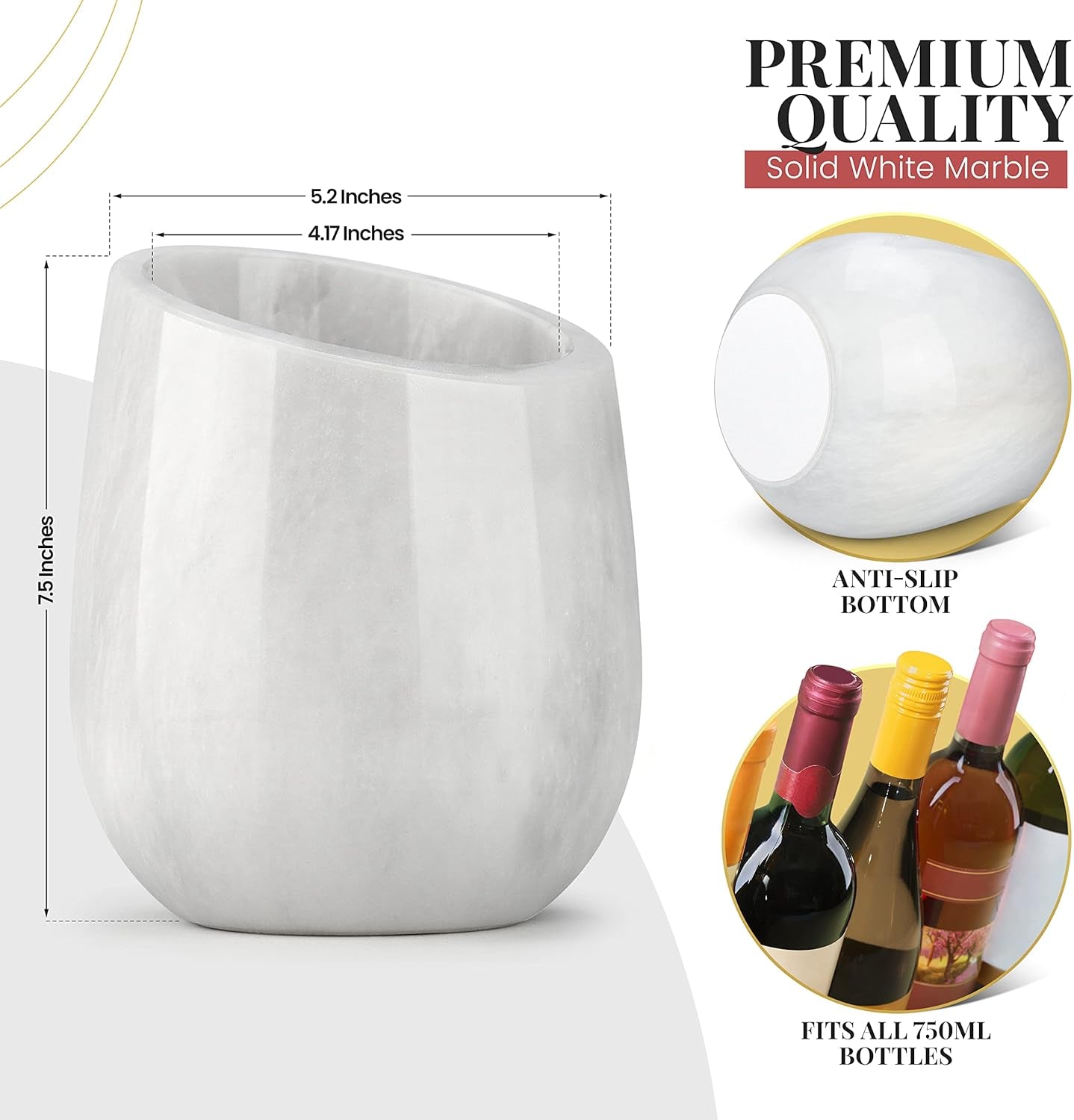 White Marble Wine Chiller for 750 ml Bottles with Anti Slip Base and Gift Box
