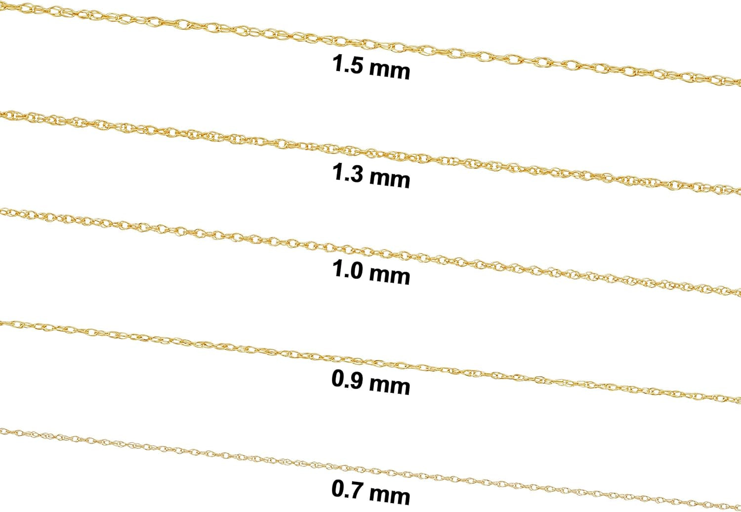 Real 14K Yellow Gold Rope Chain Pendant Necklace for Women (0.7 Mm, 0.9 Mm, 1 Mm, 1.3 Mm, or 1.5 Mm)