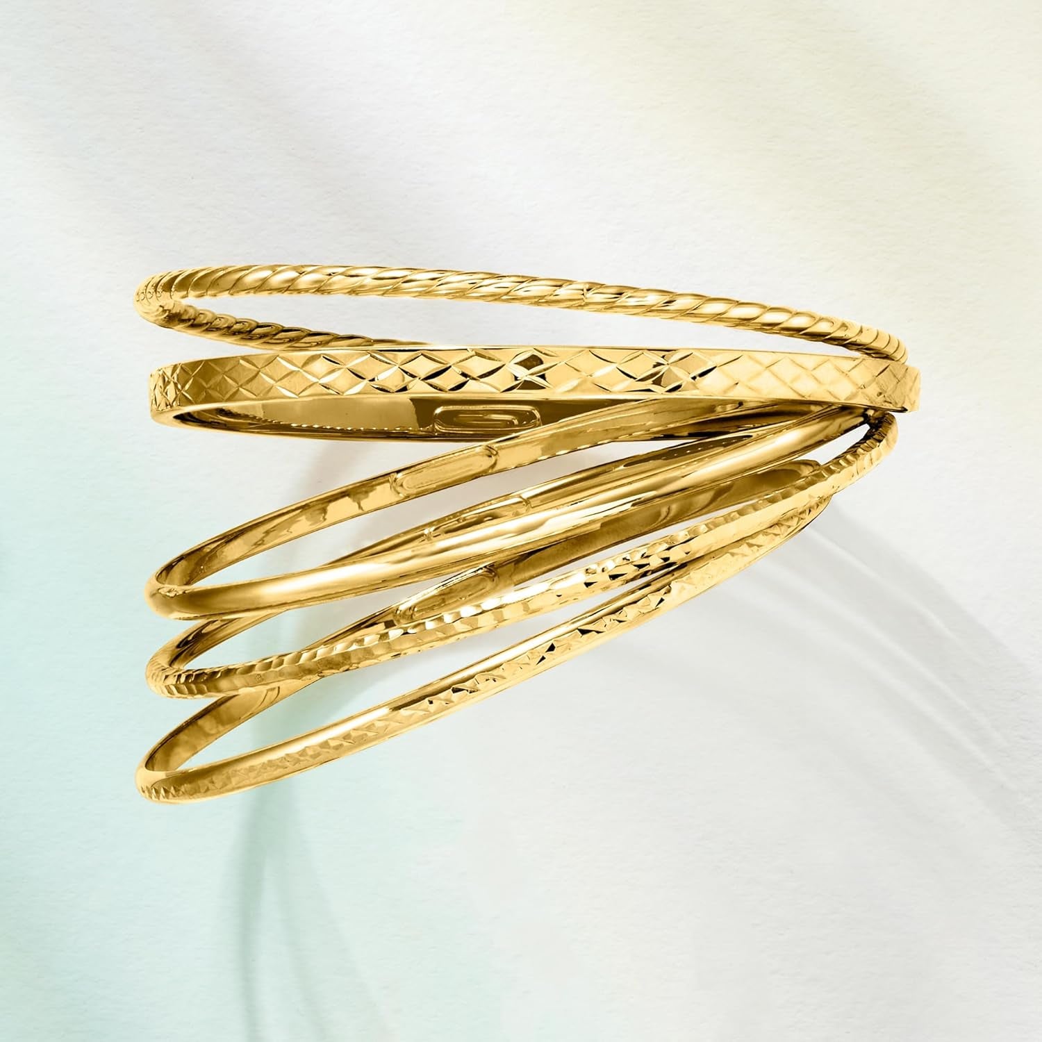18Kt Gold over Sterling Jewelry Set: 5 Textured Bangle Bracelets