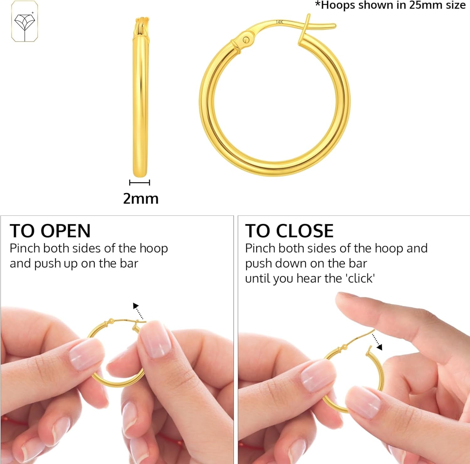 14K Gold Hoop Earrings for Women | Hypoallergenic Small to Large 12MM to 50MM Hoop Earrings with Secure Click Tops |14K Yellow or White Gold Classic Hoops in 2MM Thick Tube by