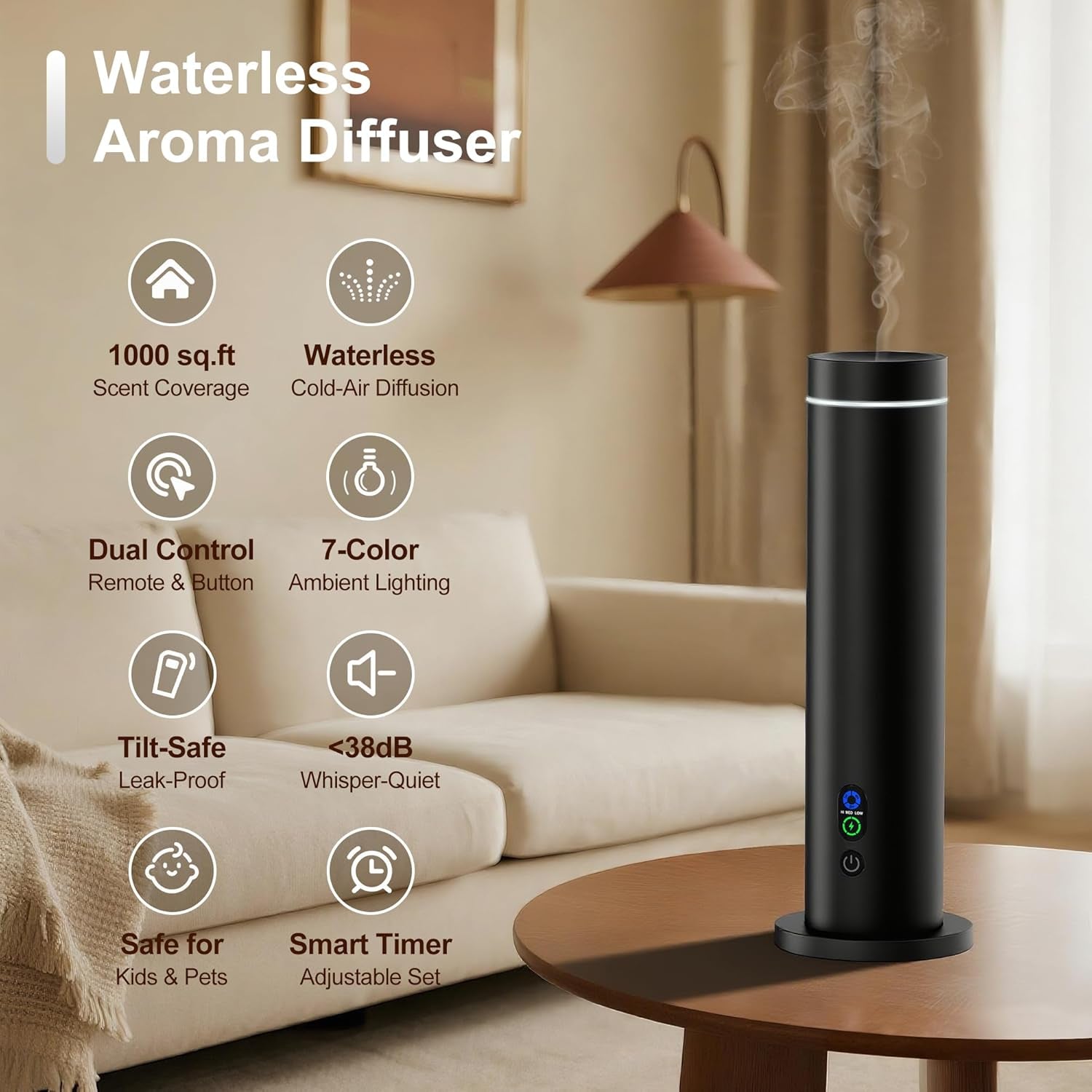 Waterless Essential Oil Diffuser for Large Luxury Spaces - Cold Air Aroma Diffuser with Remote Control, Smart Timer, Quiet Operation, and Ambient Mood Lighting (Up to 1000 Sq Ft)