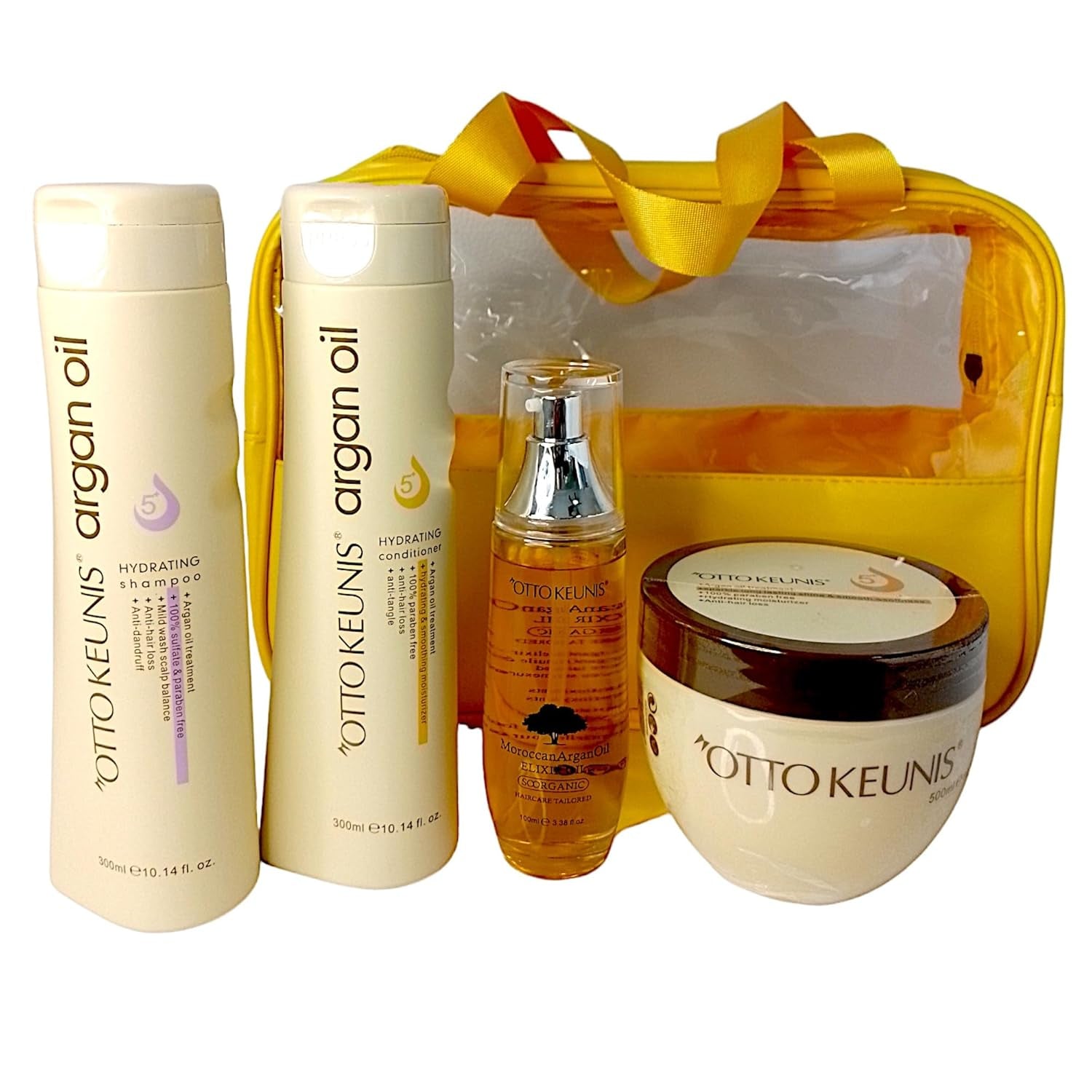 Argan Oil Set Shampoo, Conditioner, Hair Mask, Elixir. Comprehensive Hair Treatment Especially for Hot and Humid Weather. Gift Bag. USA Formula Products for All Hair Types., Yellow