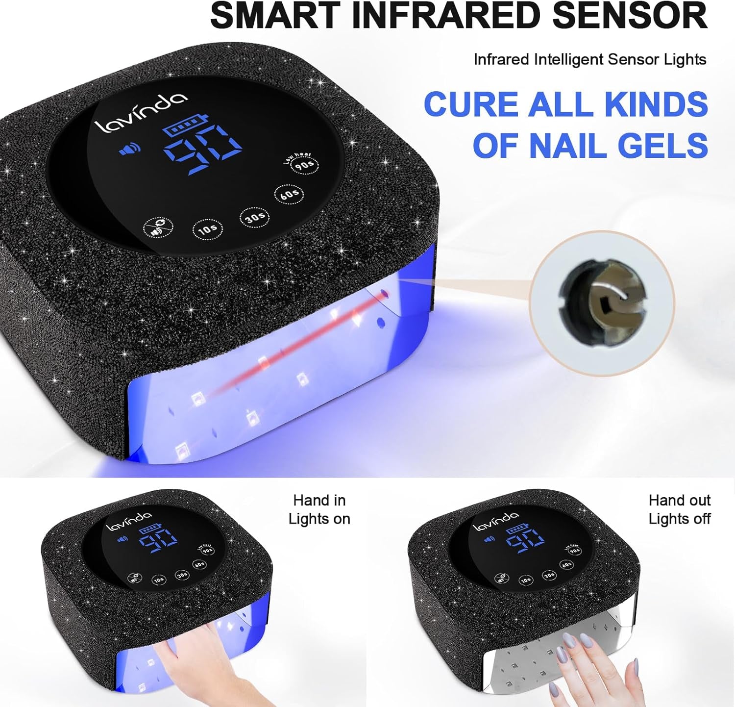 54W UV Nail Lamp, UV Light for Gel Nails, Cordless Rechargeable UV LED Nail Lamp Nail Light with 4 Timer and LCD Display, Professional Fast Curing Lamp Nail Dryer with Black Rhinestone