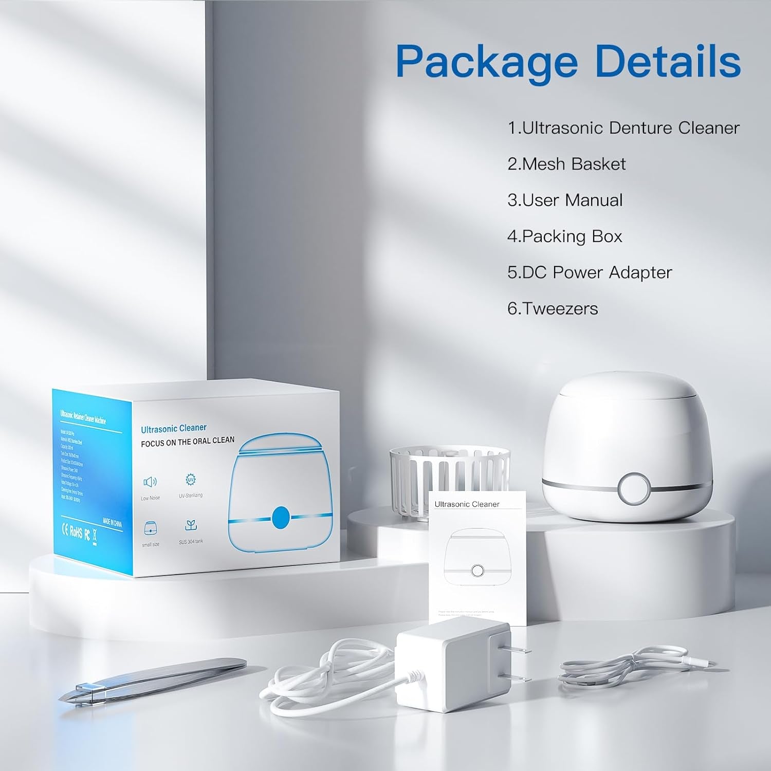 Ultrasonic Retainer Cleaner, 45Khz Denture Cleaner Machine, 5Min and 10Min Modes with Rechargable Top Cover, 200Ml Dental Cleaning Pod, Mouthguard Cleaner for Aligner Nightguard Jewelry(White)
