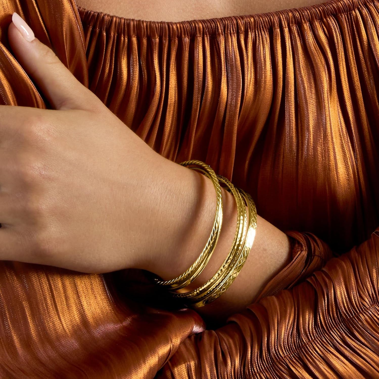 18Kt Gold over Sterling Jewelry Set: 5 Textured Bangle Bracelets