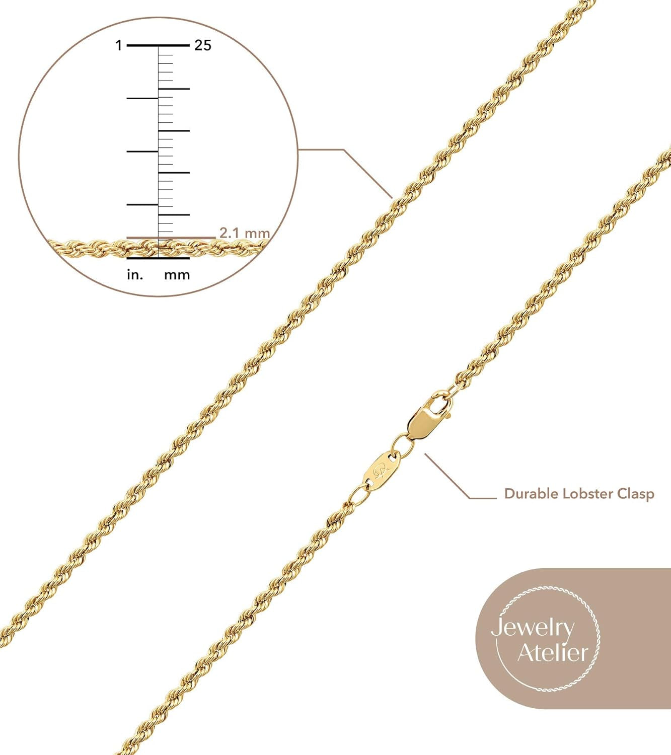 Gold Chain Necklace Collection - 14K Solid Yellow Gold Filled Rope Chain Necklaces for Women and Men with Different Sizes (2.1Mm, 2.7Mm, or 3.8Mm)