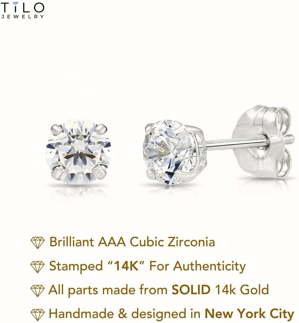 14K White Gold Solitaire round Cubic Zirconia Stud Earrings with Gold Butterfly Pushbacks