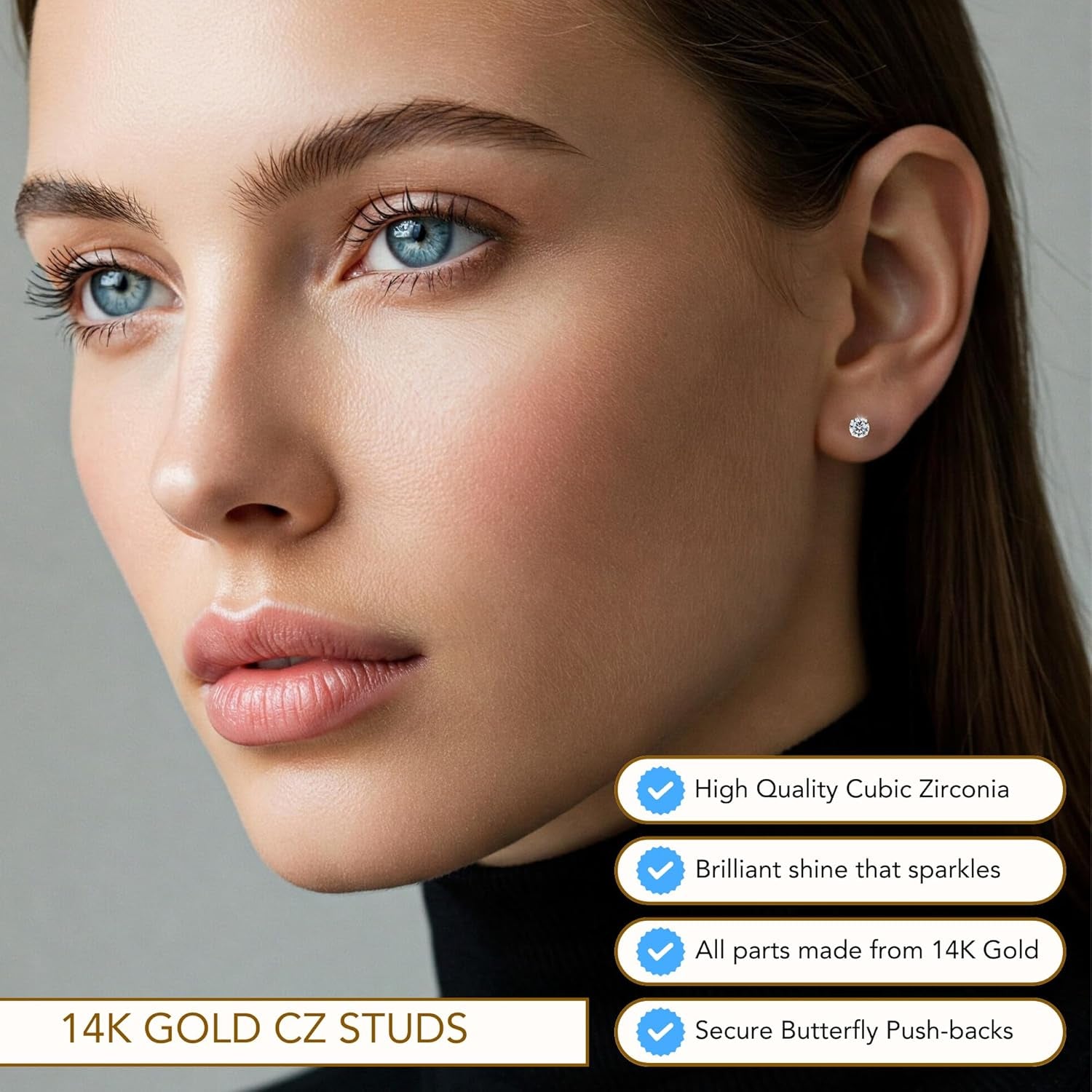 14K White Gold Solitaire round Cubic Zirconia Stud Earrings with Gold Butterfly Pushbacks