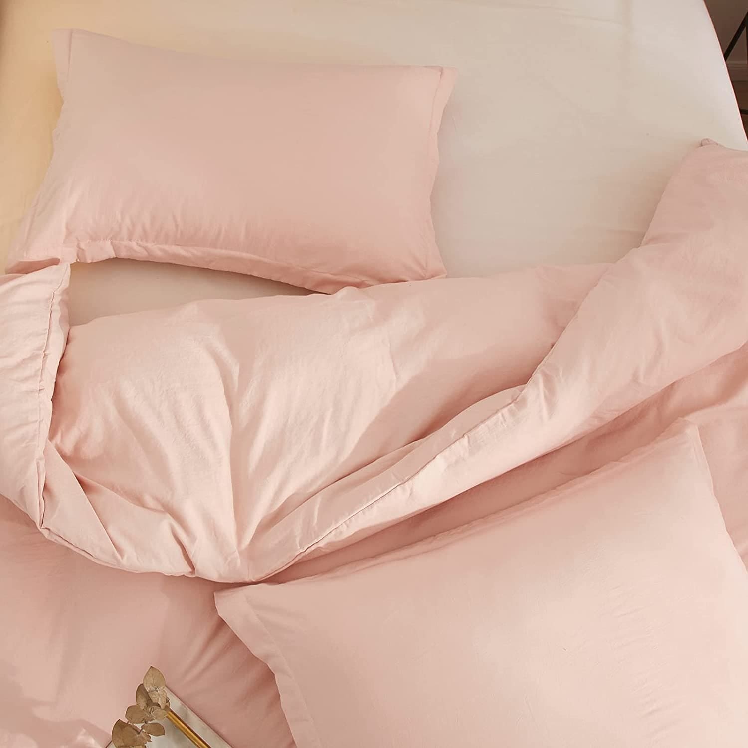 Pink Duvet Cover Queen Full Bedding Sets Washed Microfiber Blush Comforter Protector Cover, 3 Pieces Boho Style Solid Pink Quilt Cover Set, 1 Pink Queen Duvet Cover 90X90 and 2 Pillow Shams