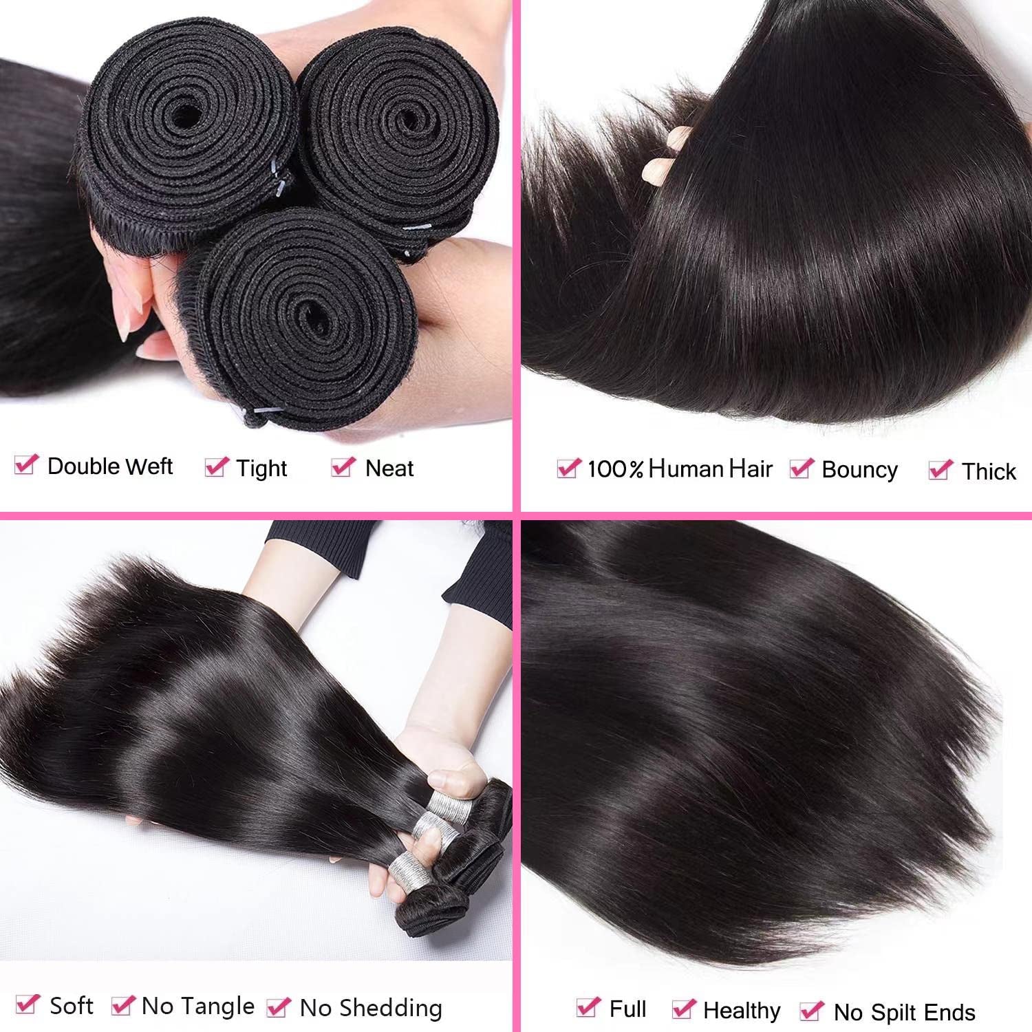 10A Straight Bundles Human Hair 24 26 28 Inch Brazilian Straight Human Hair Bundles 100% Unprocessed Virgin Weave Bundles Human Hair 3 Bundles Natural Black Color
