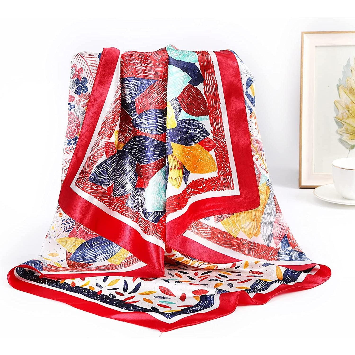 35” Large Satin Square Head Scarf - 2Pcs Silk like Floral Head Scarves Square Satin Hair Scarf Bandanas for Women