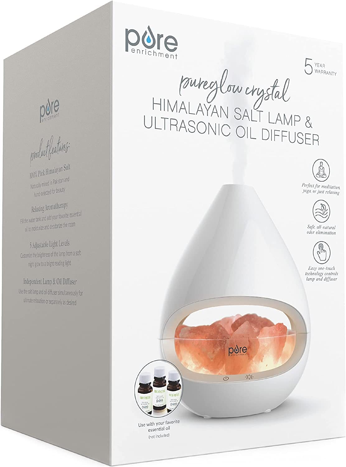 ® Pureglow™ Crystal - 2-In-1 Himalayan Salt Lamp & Ultrasonic Essential Oil Diffuser, Original Salt Therapy Lamp, 100% Pure Himalayan Salt, Ambient Glow, 160 Ml 16-Hour Tank (White)