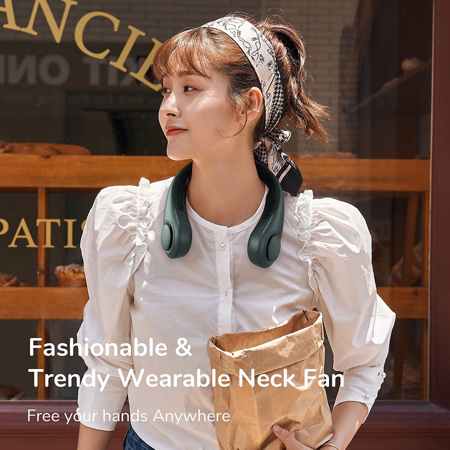 Portable Neck Fan, Hands Free Bladeless Fan, 4000 Mah Battery Operated Wearable Personal Fan, Leafless, Rechargeable, Headphone Design, USB Powered Desk Fan,3 Speeds-Dark Green
