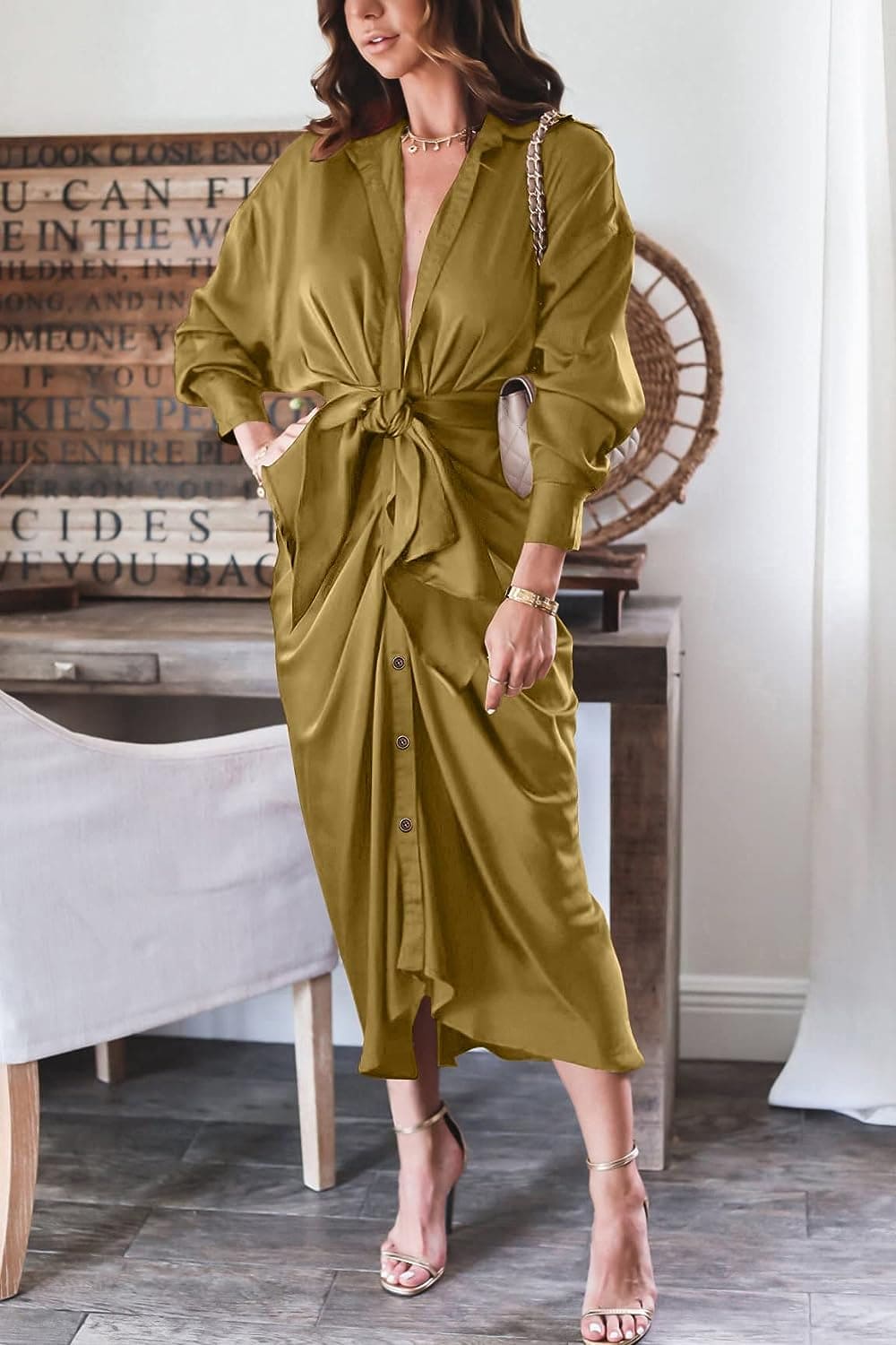 Women 2023 Long Sleeve Lapel V Neck Button down Satin Dress Belted Elegant Ruched Summer Fall Maxi Shirt Dresses
