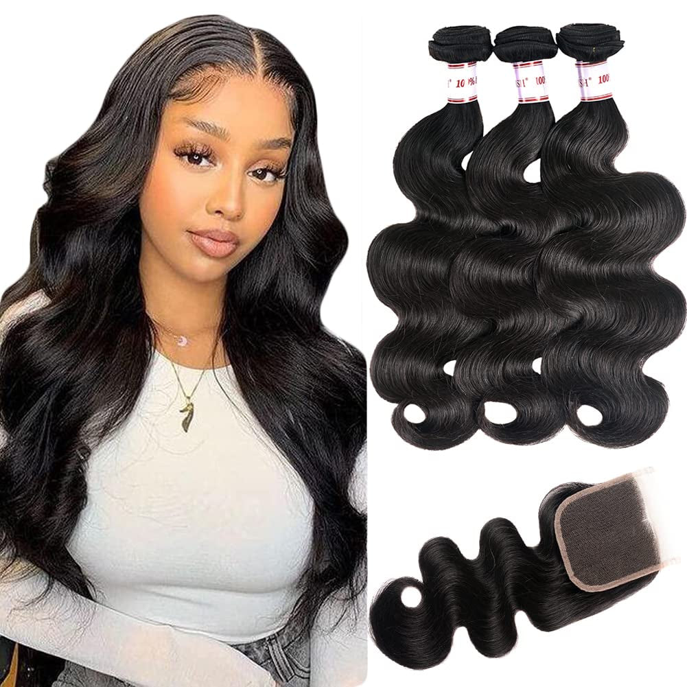 Brazilian Body Wave 3 Bundles with Closure 100% Unprocessed Brazilian Body Wave Human Hair Bundles with 4X4 Lace Closure Free Part Natural Color (24 26 28+22, Bundles with Closure)