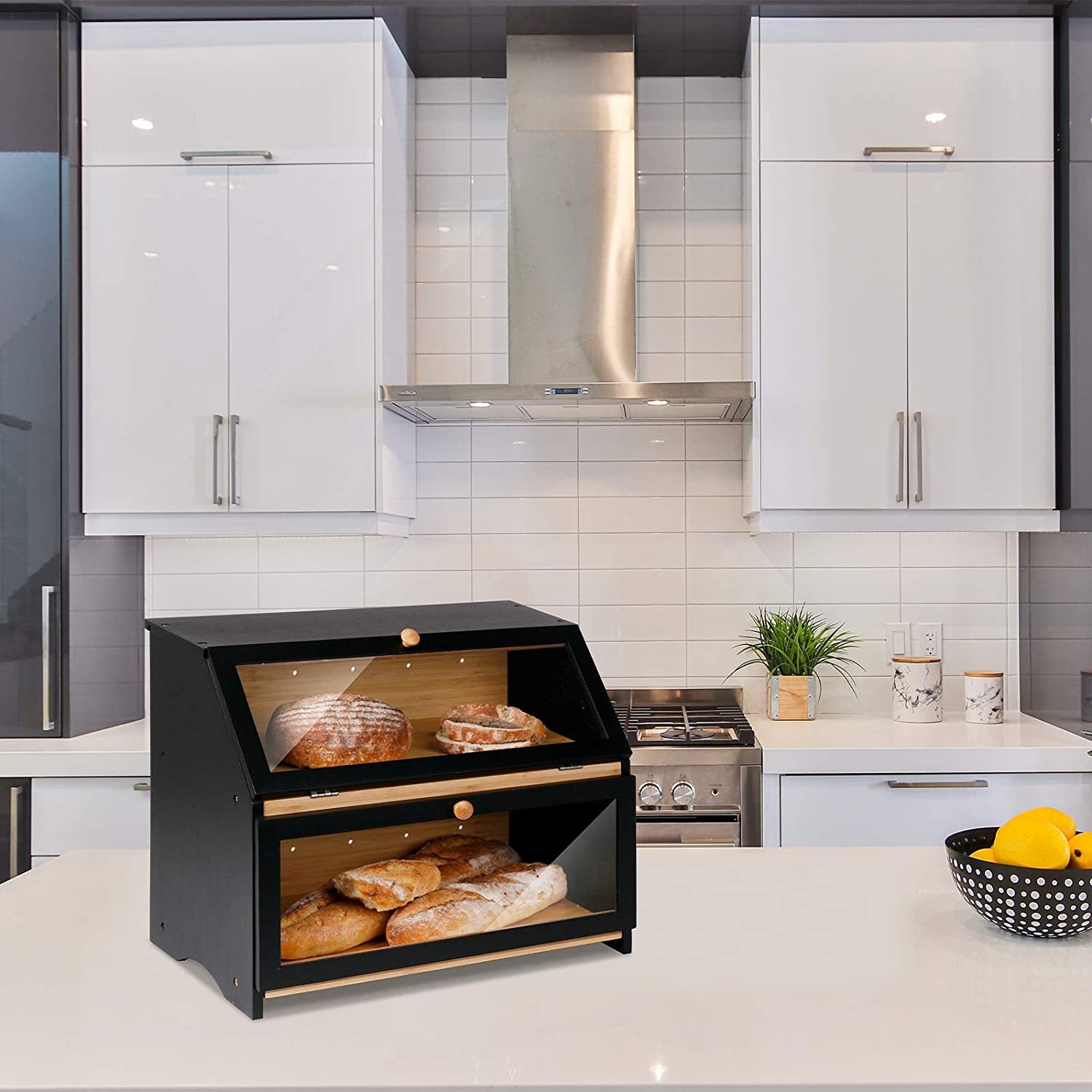 Double Layer Large Bread Box for Kitchen Counter, Wooden Large Capacity Bread Storage Bin (Black)