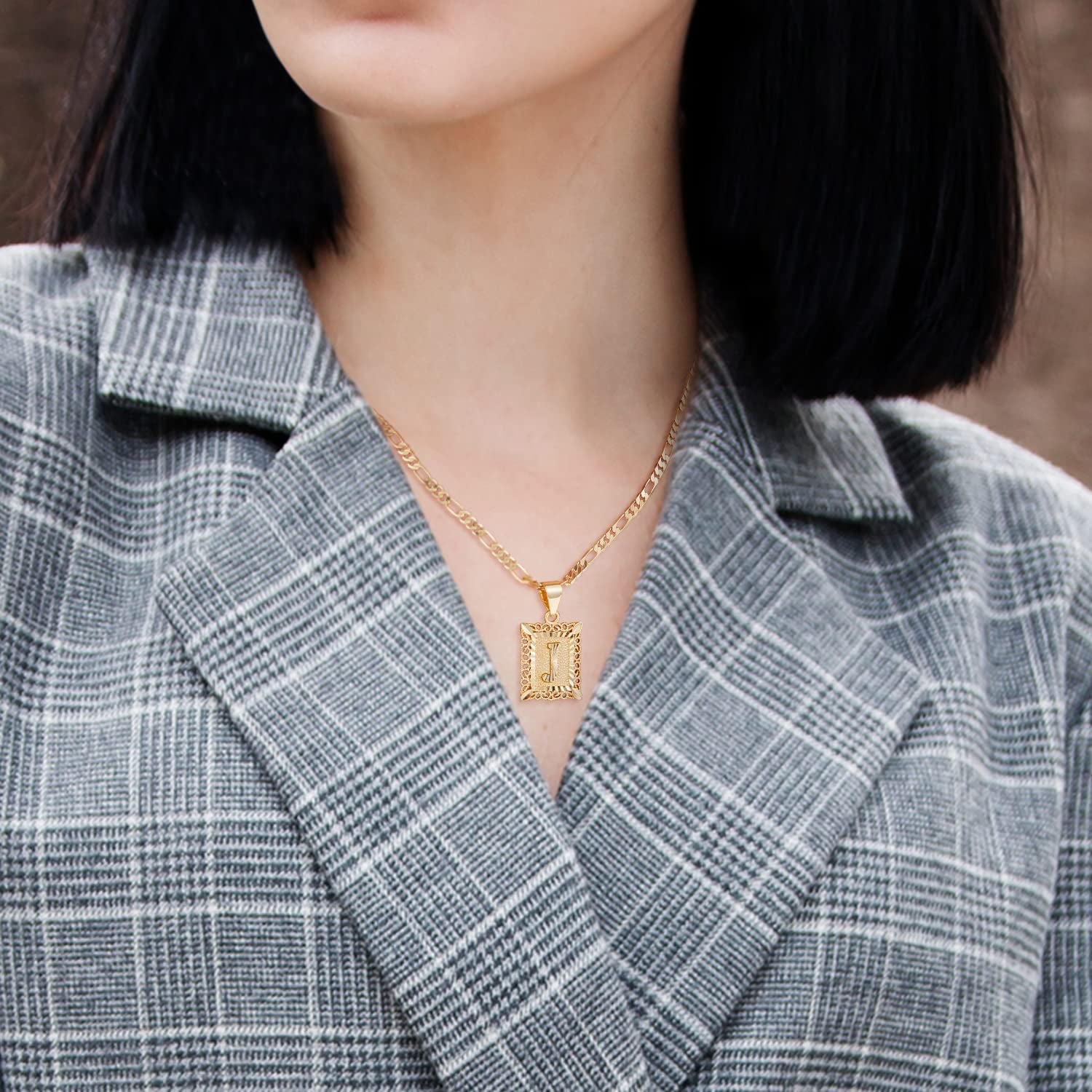 Gold Layered Initial Cross Necklace, 14K Gold Plated Layering Square Letter Pendant Figaro Chain Cross Choker from A-Z Capital Jewelry for Women Girls