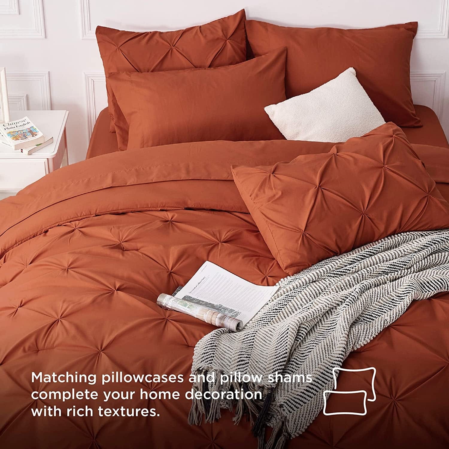 Bedsure Queen Comforter Set - Bed in a Bag Queen 7 Pieces, Pintuck Bedding Sets Burnt Orange Bed Set with Comforter, Sheets, Pillowcases & Shams