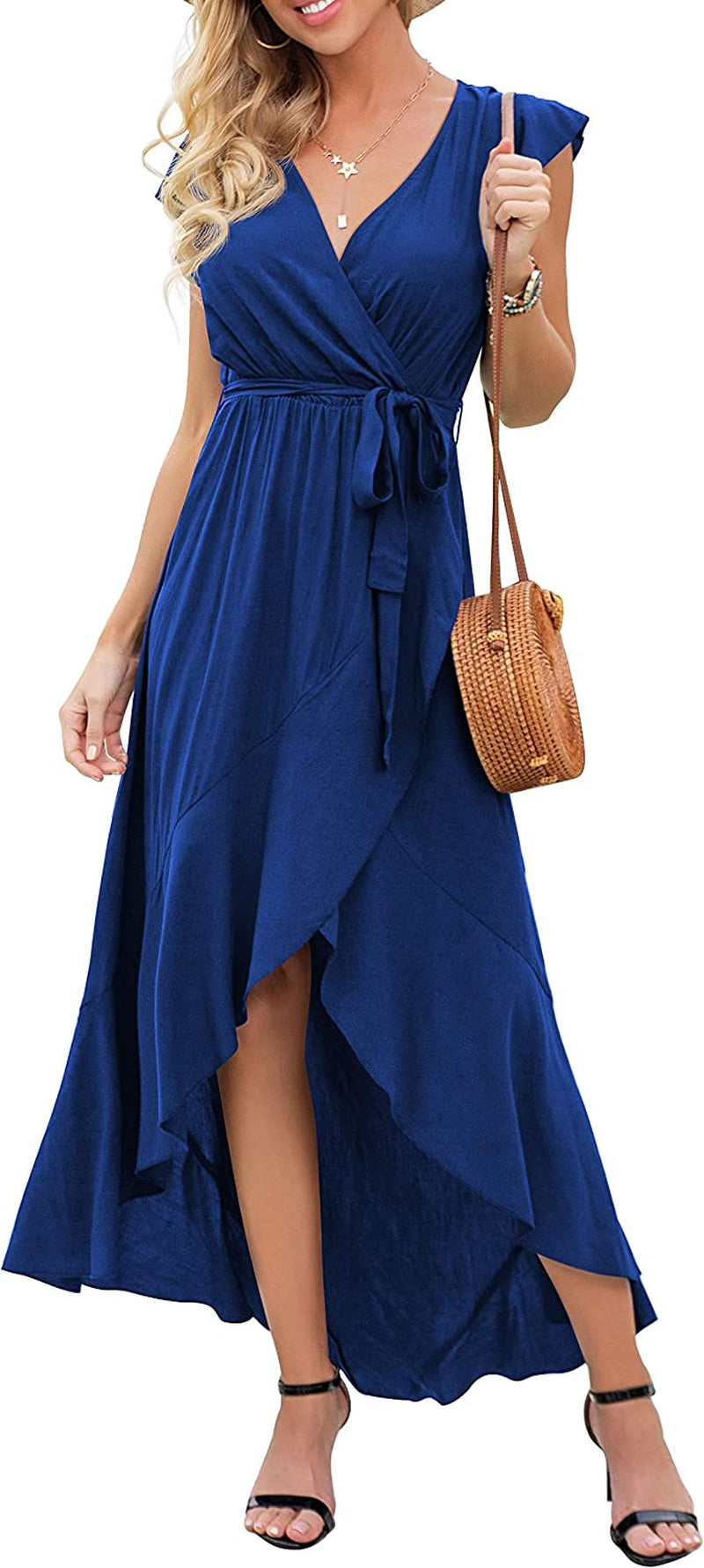 Women'S 2023 Summer Floral Print Cross V Neck Dress Bohemian Flowy Long Maxi Dresses