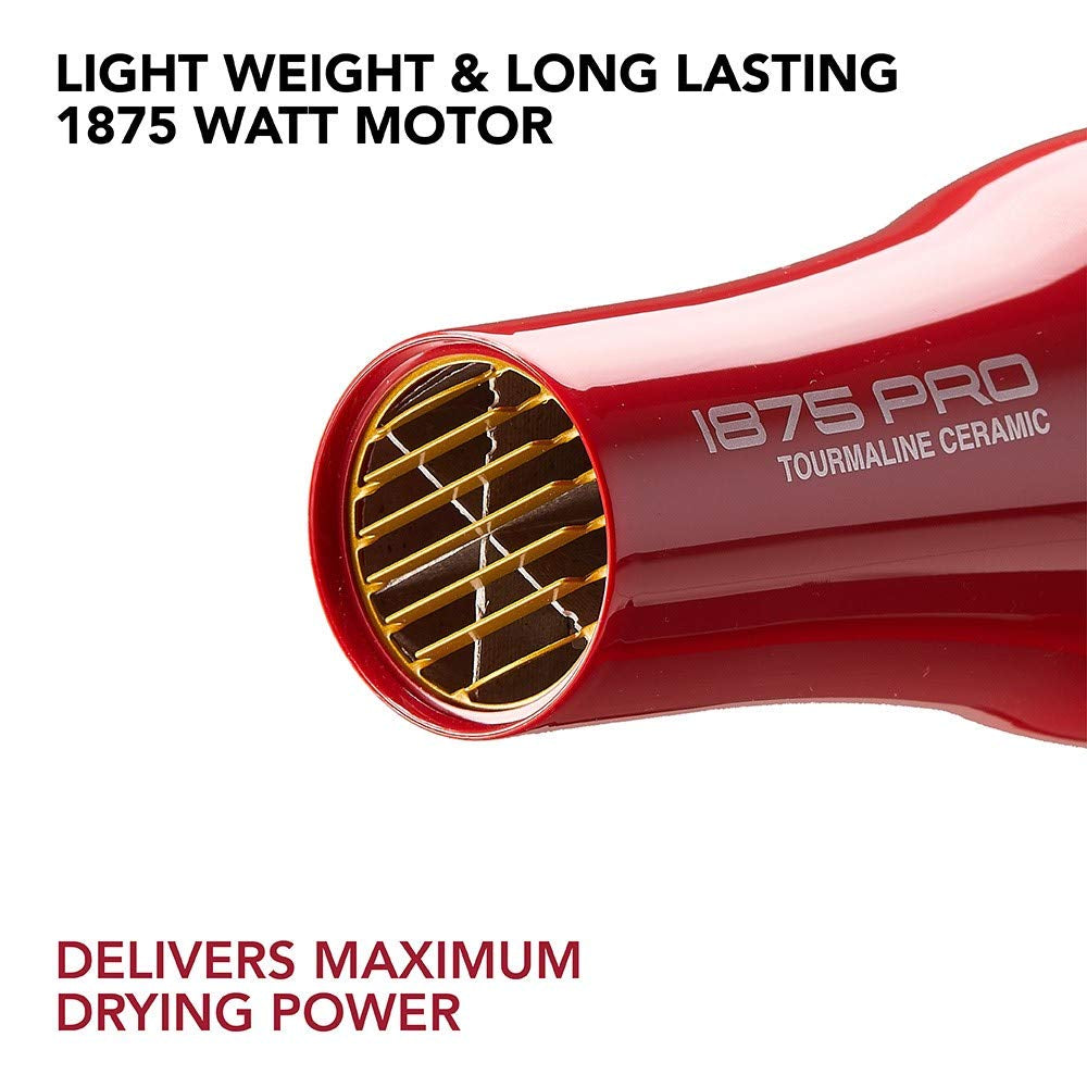 1875 Watt Pro Tourmaline Ceramic Hair Dryer, 3 Heat Settings, 2 Speed Slide Switch, Cool Shot Button, 2 Detangler Combs, 1 Concentrator, 1 Diffuser, Removable Filter Cap & 4 Sectioning Clips