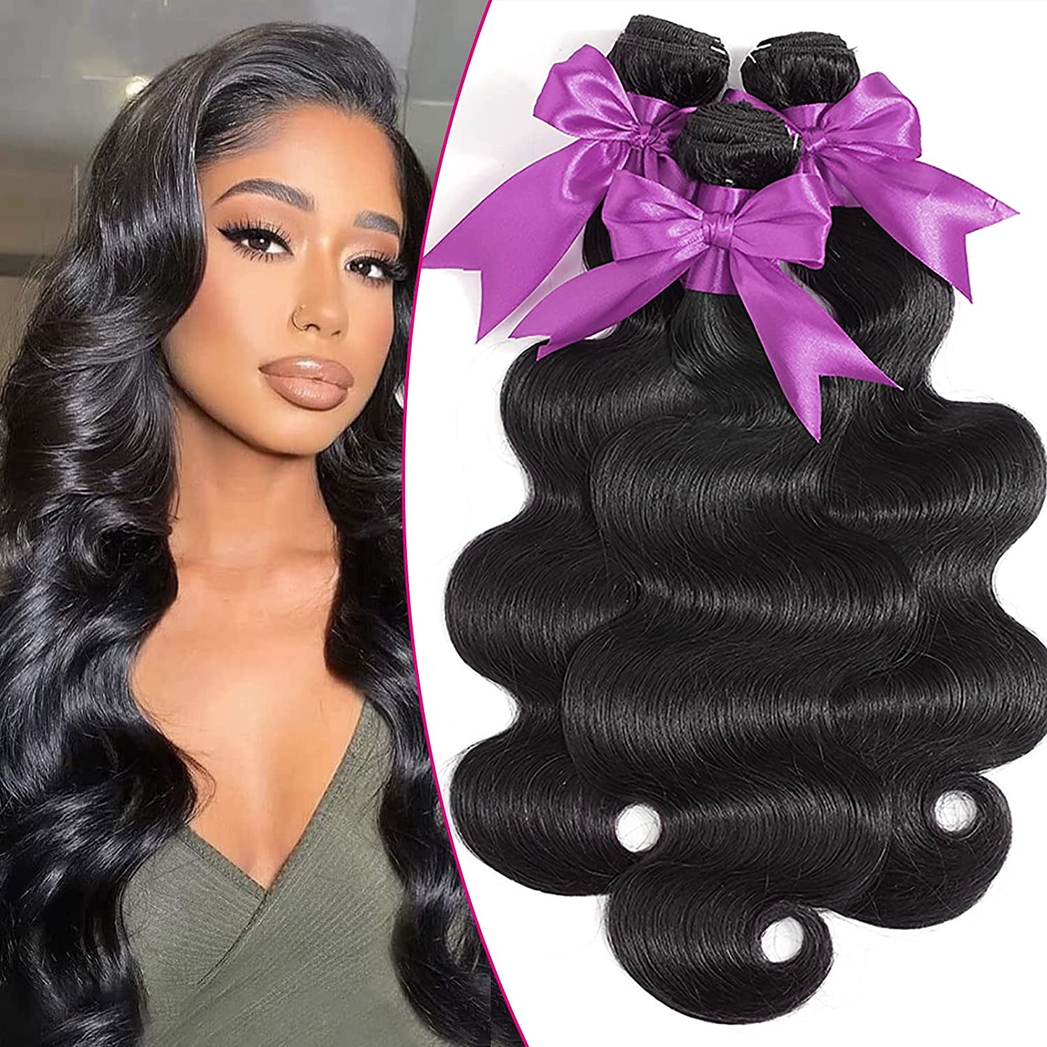 Body Wave Bundles 16 18 20 Inch 10A 3 Bundles Human Hair 100% Unprocessed Brazilian Virgin Human Hair Extensions Double Weft Anti-Shedding Bundles Natural Color Full and Thick