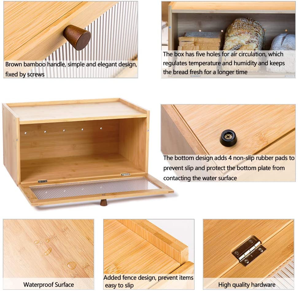 Bamboo Bread Box for Kitchen Counter-Large Capacity Bread Storage Container Farmhouse Bread Box with Window Bread Holder