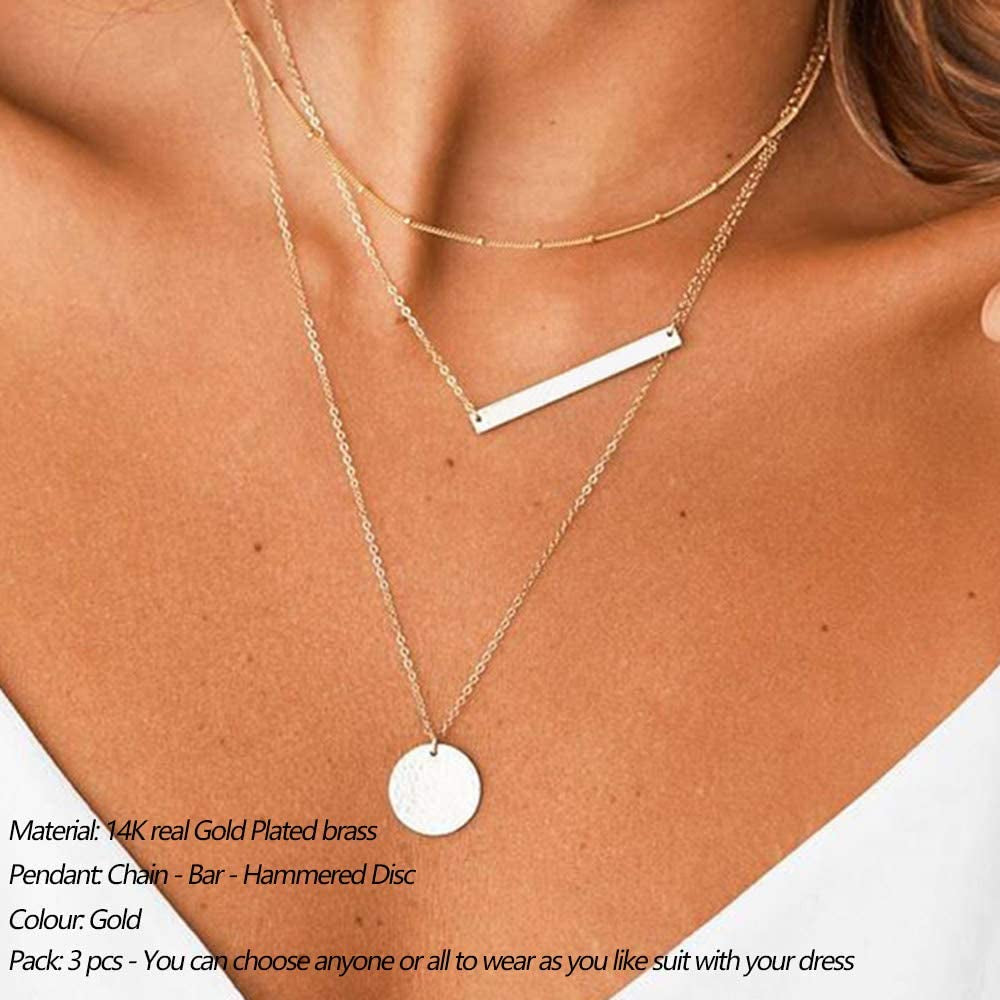 Dainty Layered Choker Necklace, Handmade 14K Gold Plated Y Pendant Necklace Multilayer Bar Disc Necklace Adjustable Layering Choker Necklaces for Women