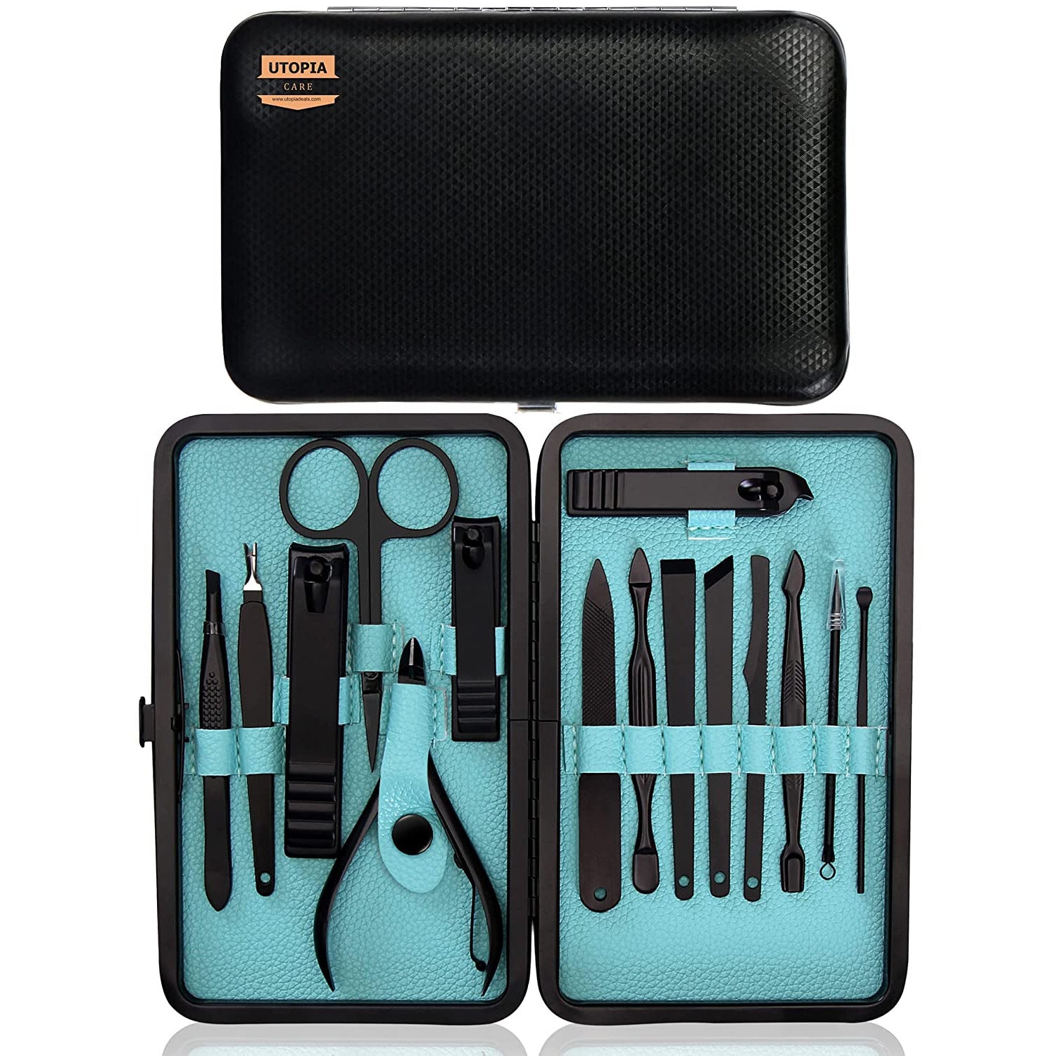 15 Pieces Manicure Set - Stainless Steel Manicure Nail Clippers Pedicure Kit - Professional Grooming Kits, Nail Care Tools with Luxurious Travel Case (Black)