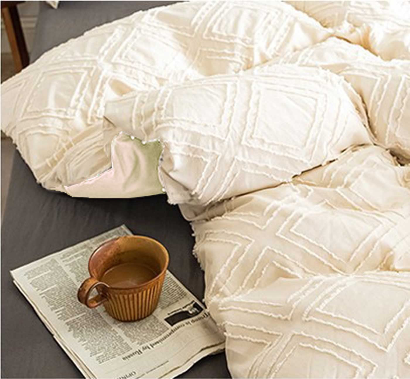 Queen Comforter Set Beige Tufted Jacquard Boho Geometry Soft Shabby Chic down Alternative Microfiber Bedding - All Season Duvet Modern Farmhouse Bed Sets Women Men Size 90 X90 3Pc Cream Tan