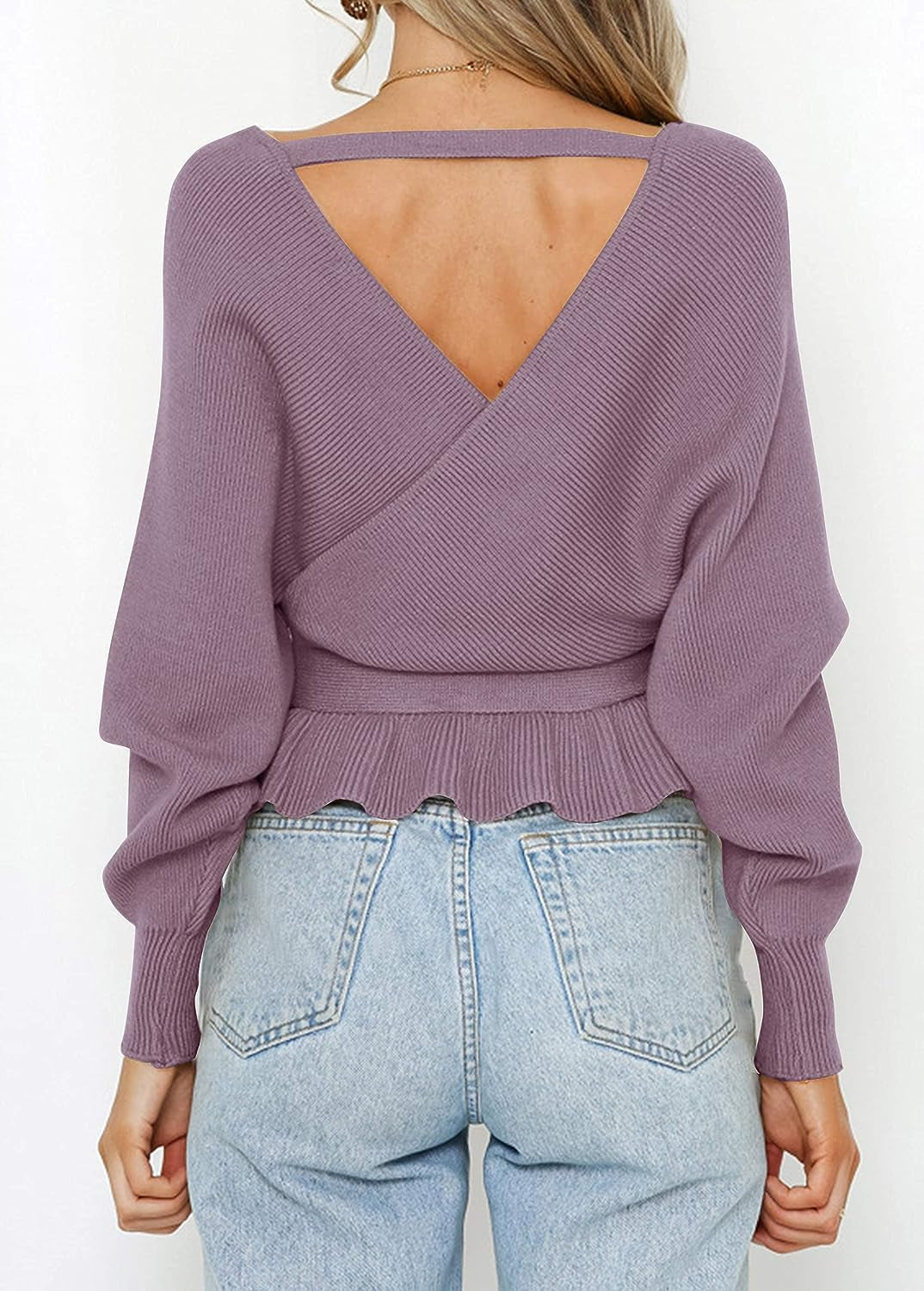 Women'S 2023 Fall Wrap V Neck Long Batwing Sleeve Belted Waist Ruffle Knitted Sweater Pullover Top