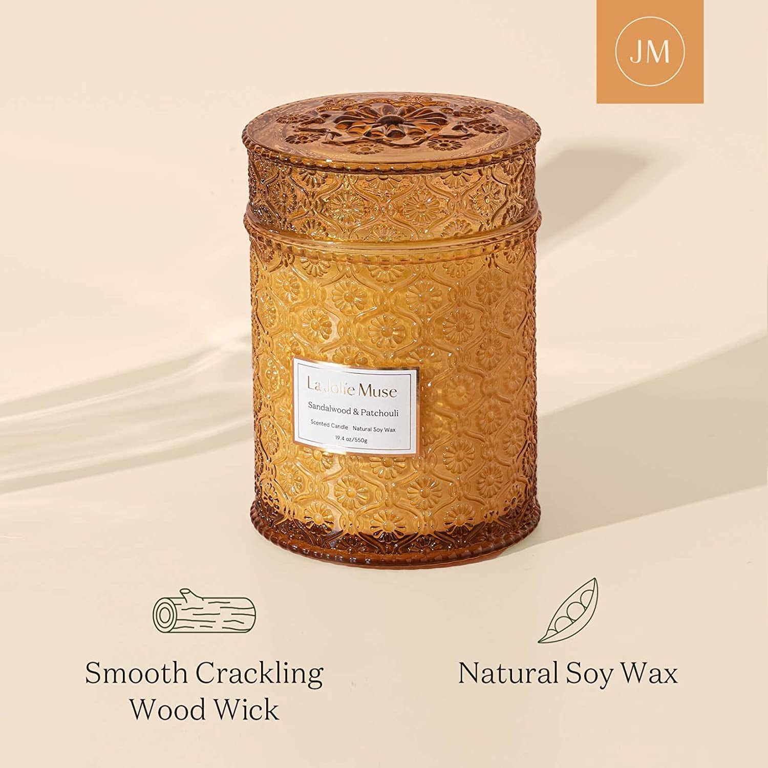 Sandalwood Candles, Wood Wick Candle, Sandalwood & Patchouli Candle, Natural Soy Candle, Large Candle for Home Scented, Gift Candle for Women & Men