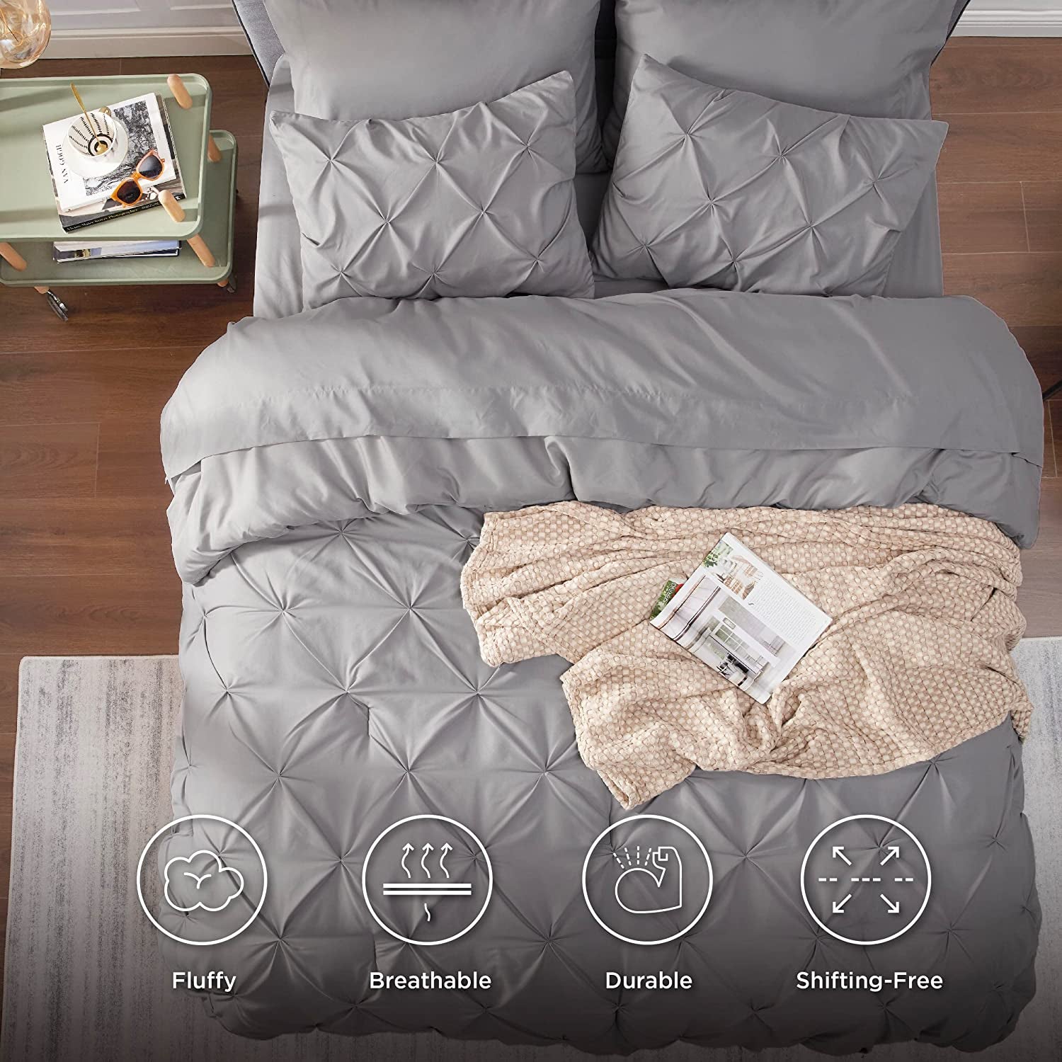 Bedsure Queen Comforter Set - 7 Pieces Comforters Queen Size Grey, Pintuck Bedding Sets Queen for All Season, Bed in a Bag with Flat Sheet and Fitted Sheet, Pillowcases & Shams