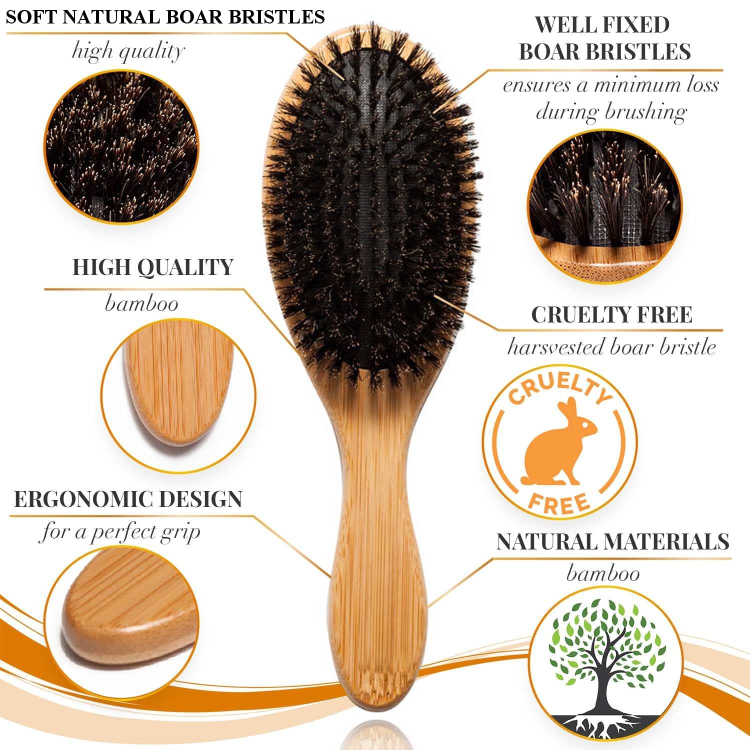 Belula 100% Boar Bristle Hair Brush Set (Medium). Soft Natural Bristles for Thin and Fine Hair. Restore Shine and Texture. Wooden Comb, Travel Bag and Spa Headband Included!