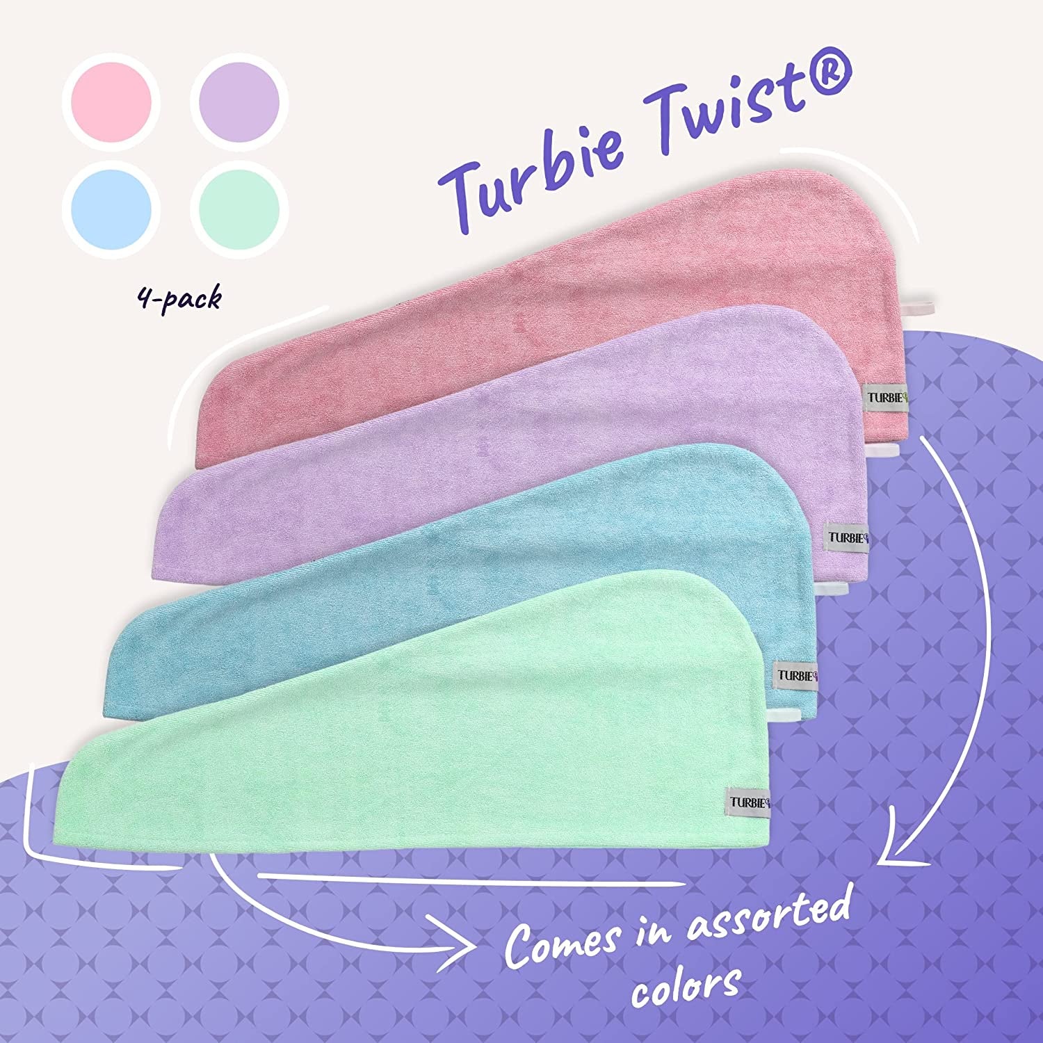 Microfiber Hair Towel Wrap for Women and Men | 4 Pack | Quick Dry Turban for Drying Curly, Long & Thick Hair (Pink, Purple, Blue, Aqua)