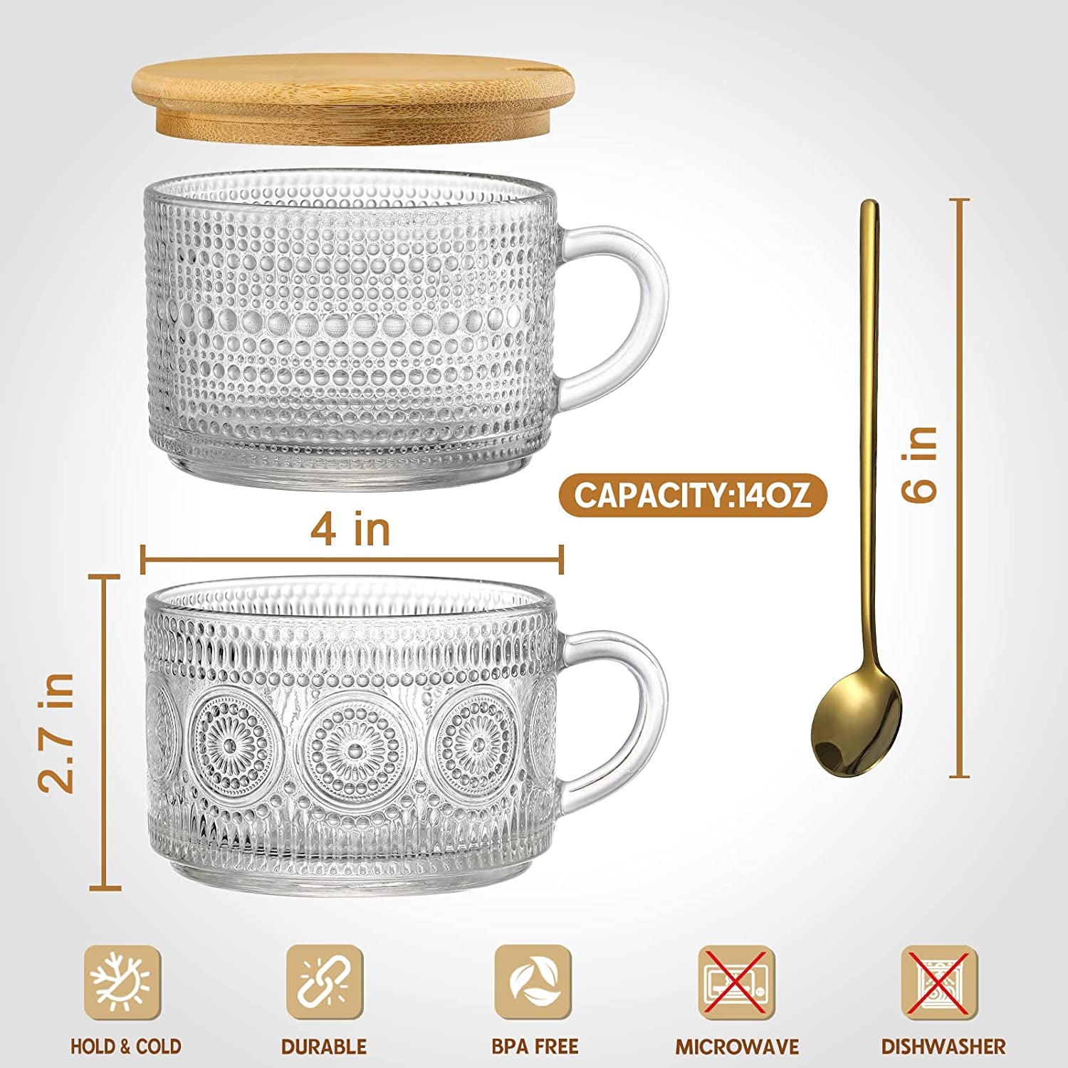4Pcs Set Vintage Coffee Mugs, Overnight Oats Containers with Bamboo Lids and Spoons - 14Oz Clear Embossed Glass Cups, Cute Coffee Bar Accessories, Iced Coffee Glasses, Ideal for Cappuccino, Tea, Latte