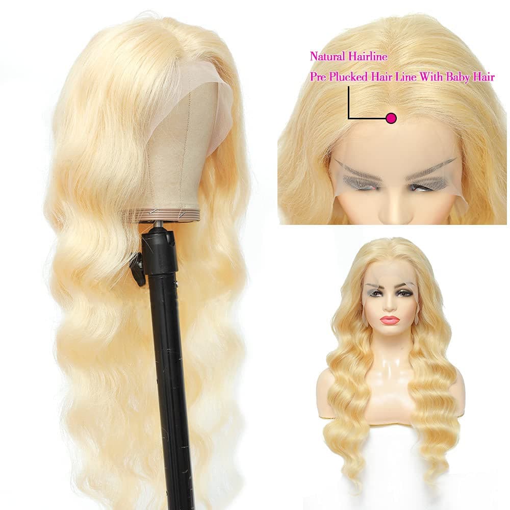 613 Body Wave Lace Front Wig Human Hair 10A Brazilian 13X4 Blonde Lace Frontal Wigs 150% Density Pre Plucked Bleached Knots with Baby Hair 22 Inch