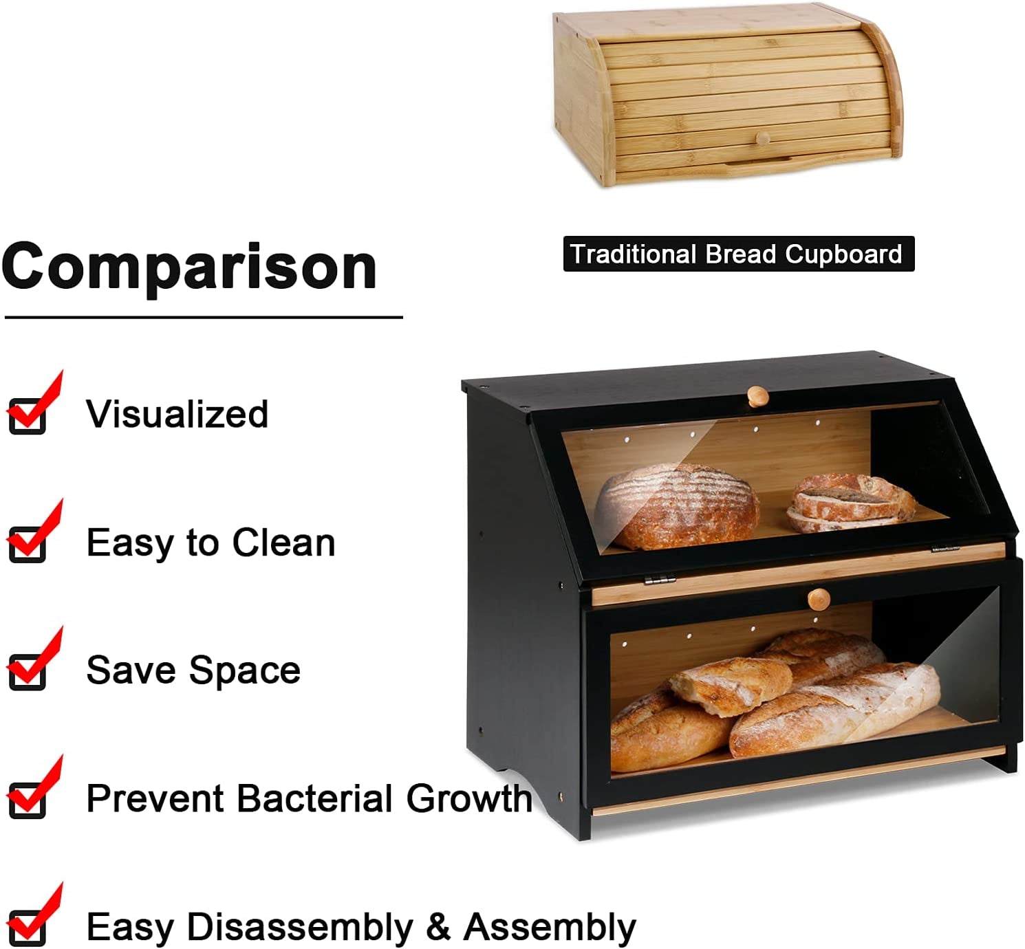 Double Layer Large Bread Box for Kitchen Counter, Wooden Large Capacity Bread Storage Bin (Black)