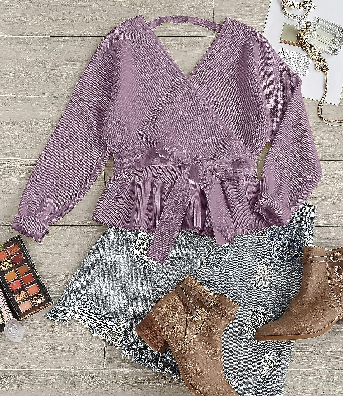 Women'S 2023 Fall Wrap V Neck Long Batwing Sleeve Belted Waist Ruffle Knitted Sweater Pullover Top