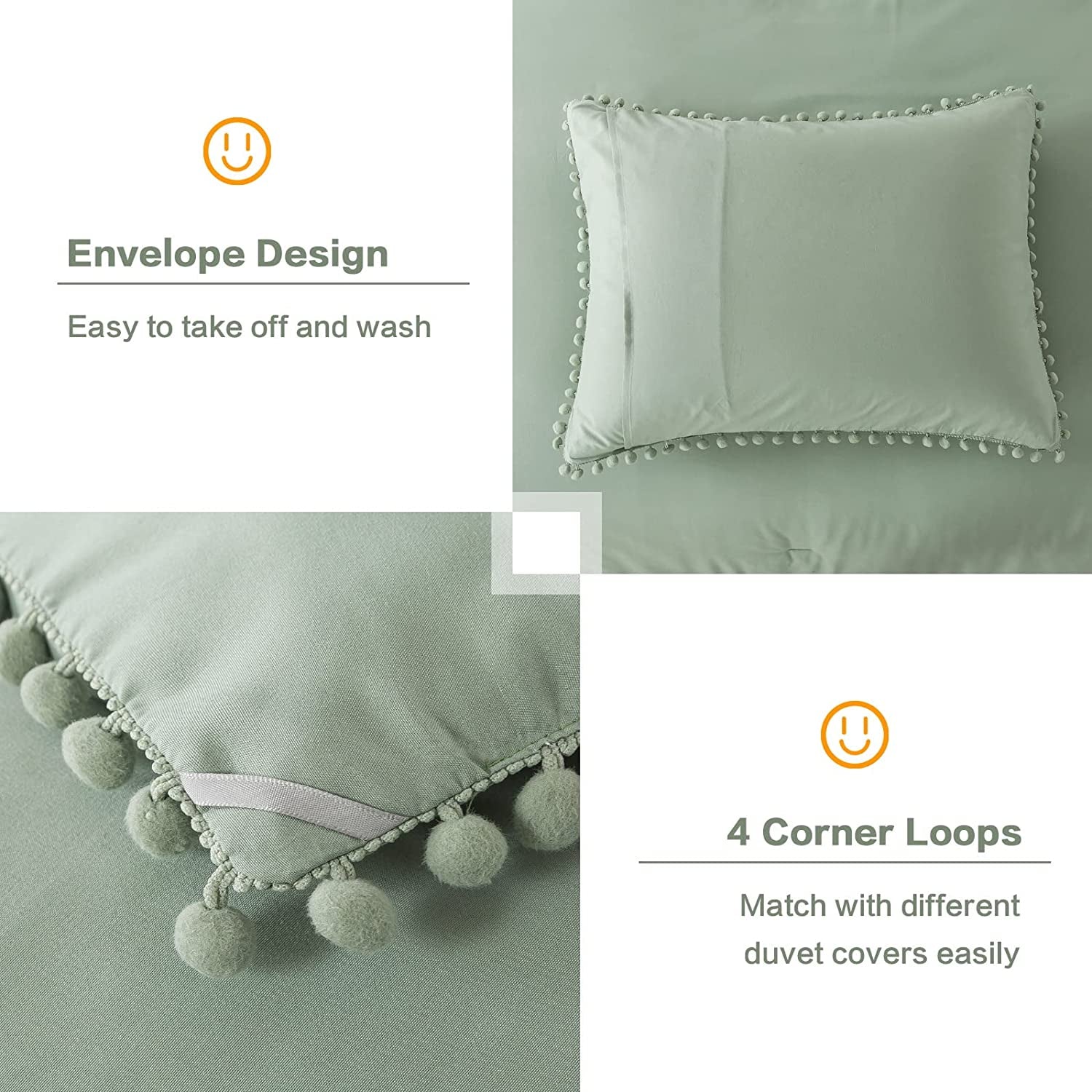Sage Green Pom Pom Fringe Comforter Full(79X90 Inch), 3 Pieces(1 Boho Comforter and 2 Pillowcases) Aesthetic and Lightweight Microfiber down Alternative Bedding Set