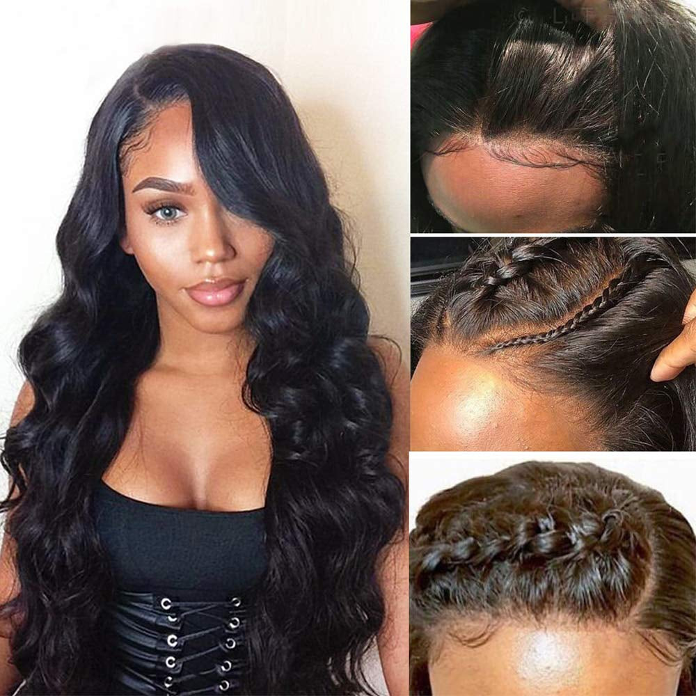 360 Body Wave Full Lace Frontal Wigs Human Hair 180 Density HD Transparent Body Wave Wigs Pre Plucked with Baby Hair Brazilian Virgin Lace Front Human Hair Wigs for Black Women Natural Color(20 Inch)