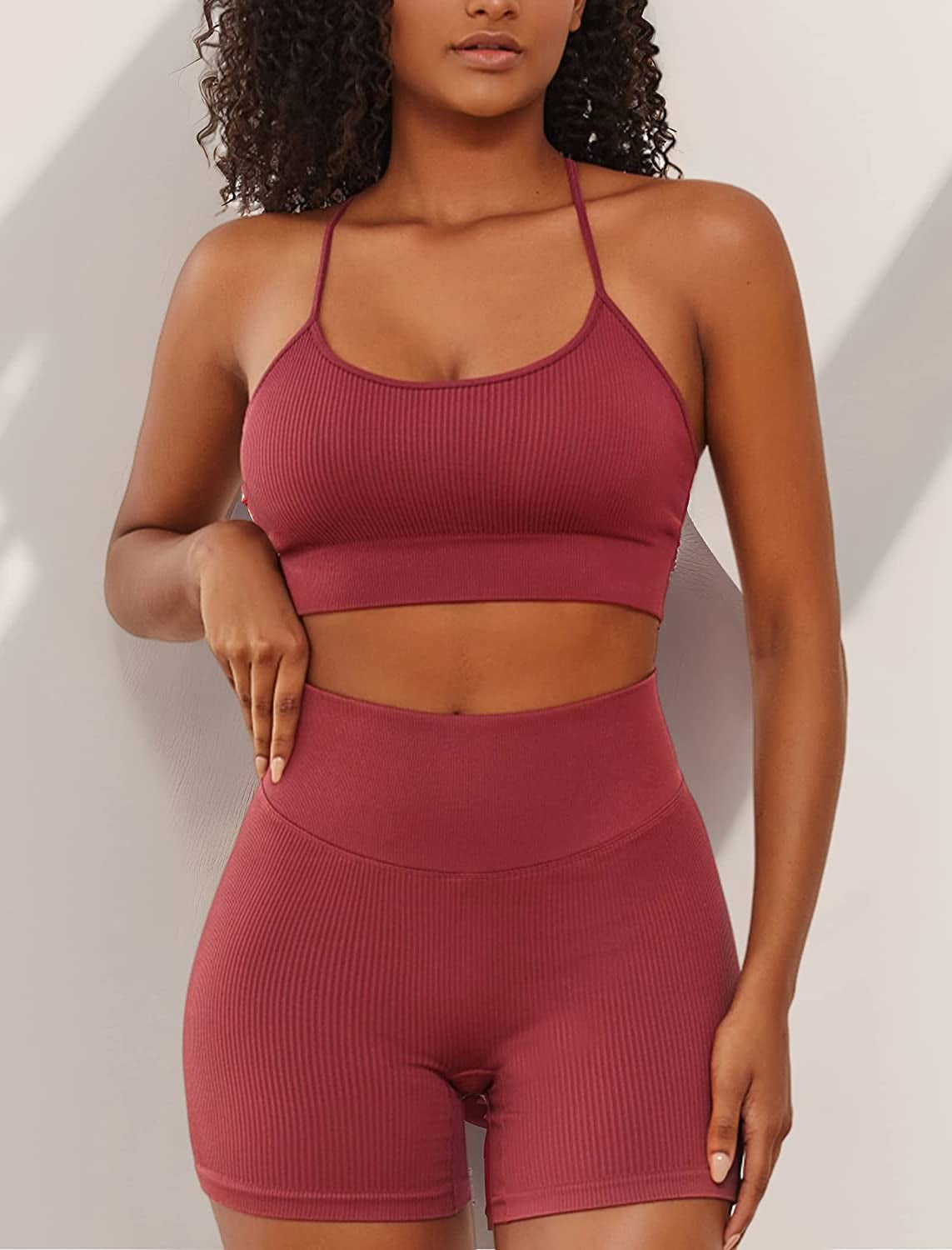 Workout Outfits Sets for Women 4 Piece Seamless Backless Tank Sport Bra High Waist Short Yoga Gym Matching Active Set