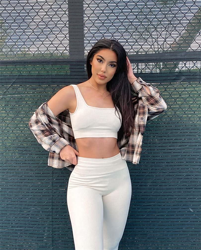 Women'S 2 Piece Yoga Leggings Ribbed Seamless Workout High Waist Athletic Pants