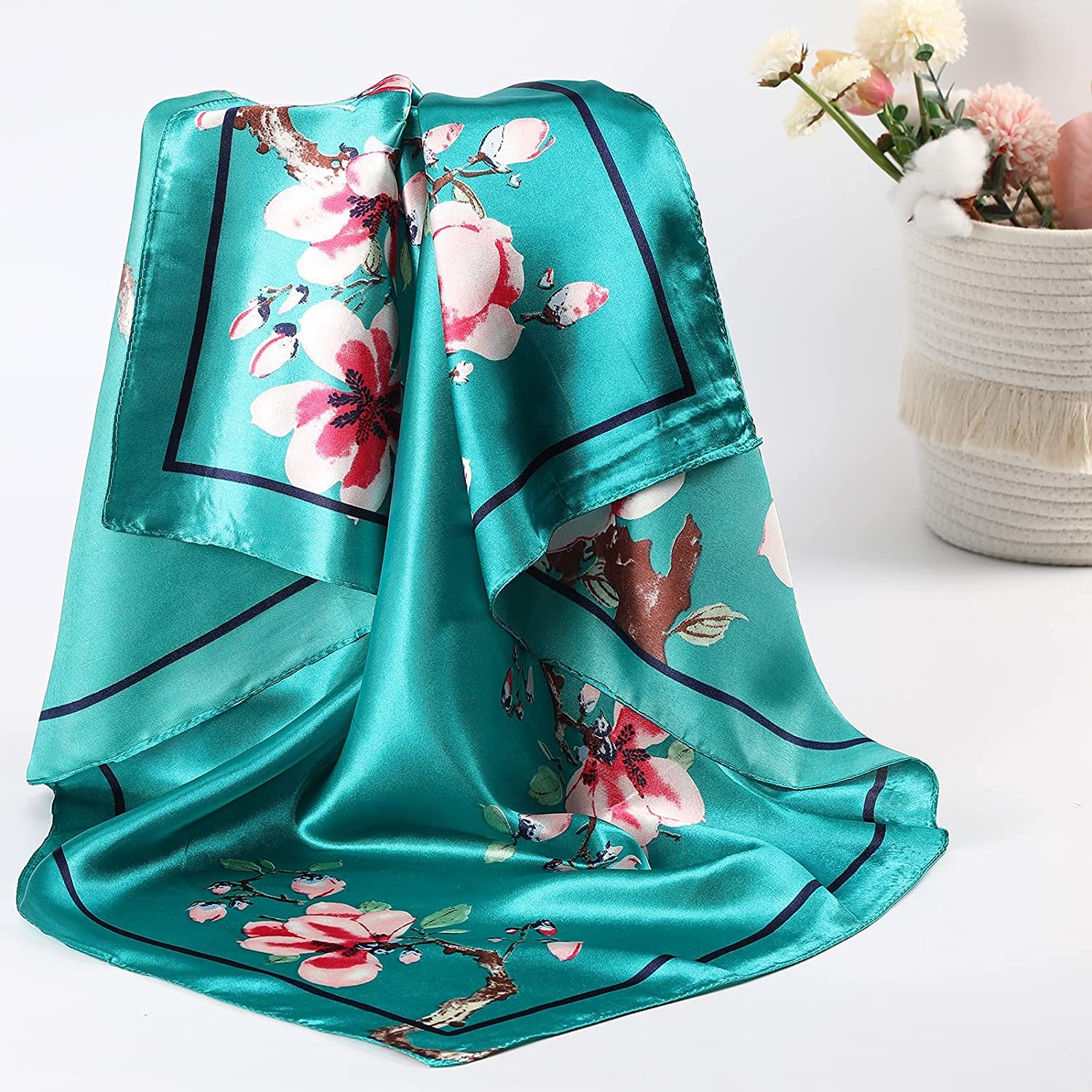 35” Large Satin Square Head Scarf - 2Pcs Silk like Floral Head Scarves Square Satin Hair Scarf Bandanas for Women