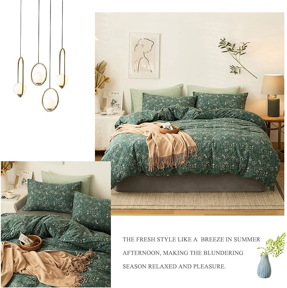 Vintage Style Floral Duvet Cover Twin Soft 100% Jersey Knit Cotton Chic Floral Bedding Set for Girls Women Reversible Green Floral Comforter Set with Zipper Closure 4 Ties