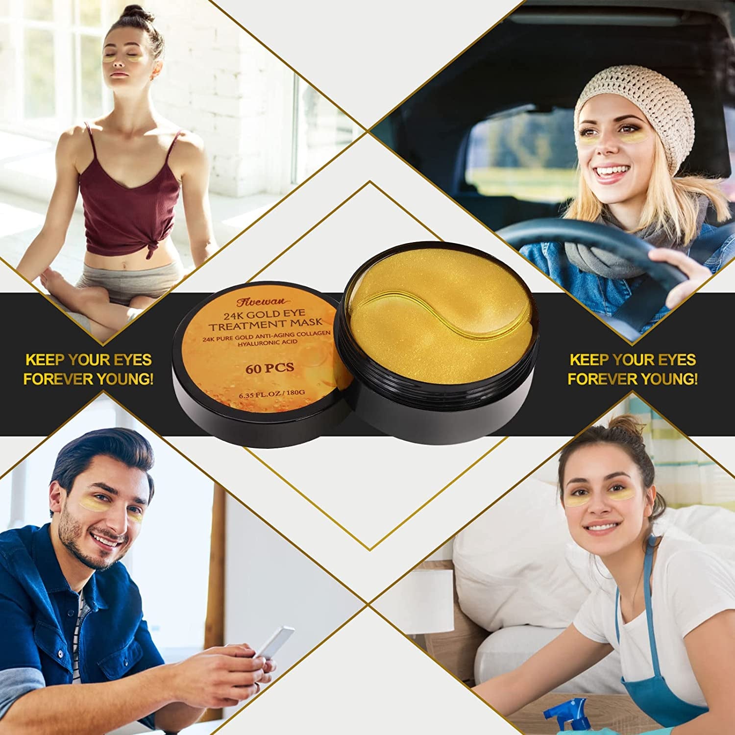 24K Gold under Eye Patches - 60 Pcs Eye Mask Pure Gold Anti-Aging Collagen Hyaluronic Acid under Eye Mask for Removing Dark Circles, Puffiness & Wrinkles Refresh Your Skin