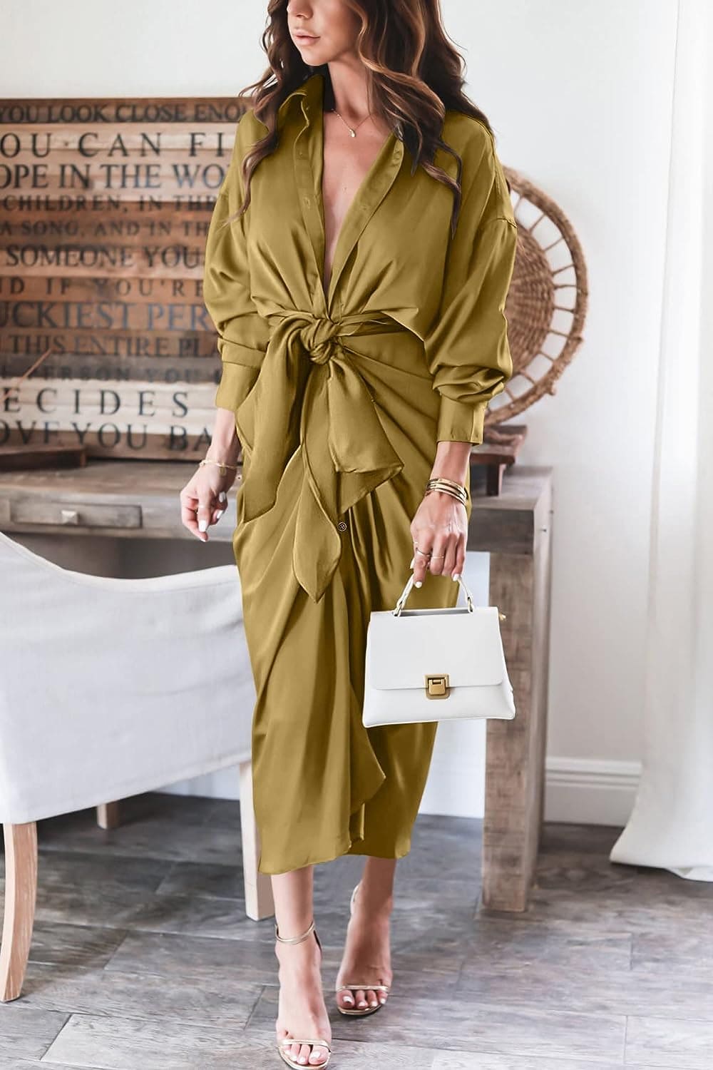 Women 2023 Long Sleeve Lapel V Neck Button down Satin Dress Belted Elegant Ruched Summer Fall Maxi Shirt Dresses