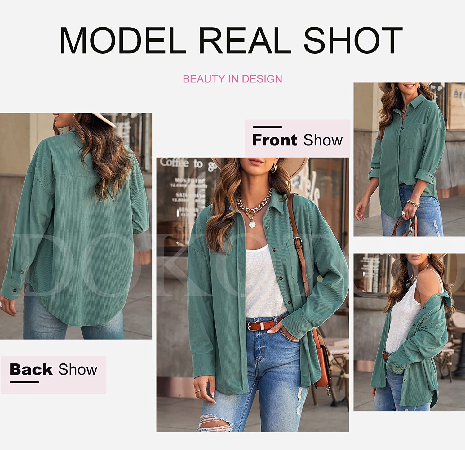 Womens Corduroy Button down Shirts Boyfriend Long Sleeve Oversized Blouses Tops
